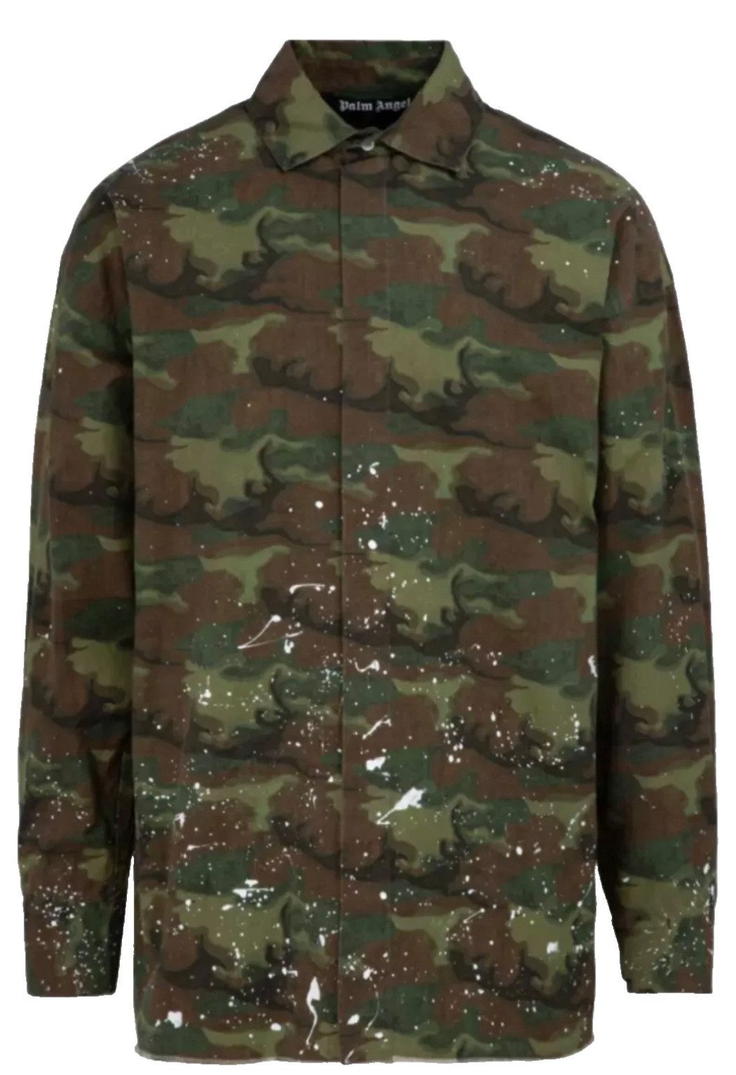 PALM ANGELS Langarmhemd Camo Paint-Splatter Loose Fit Military Hemd Overshirt Offene Kanten Oversize-Schnitt für urbanen Charakter