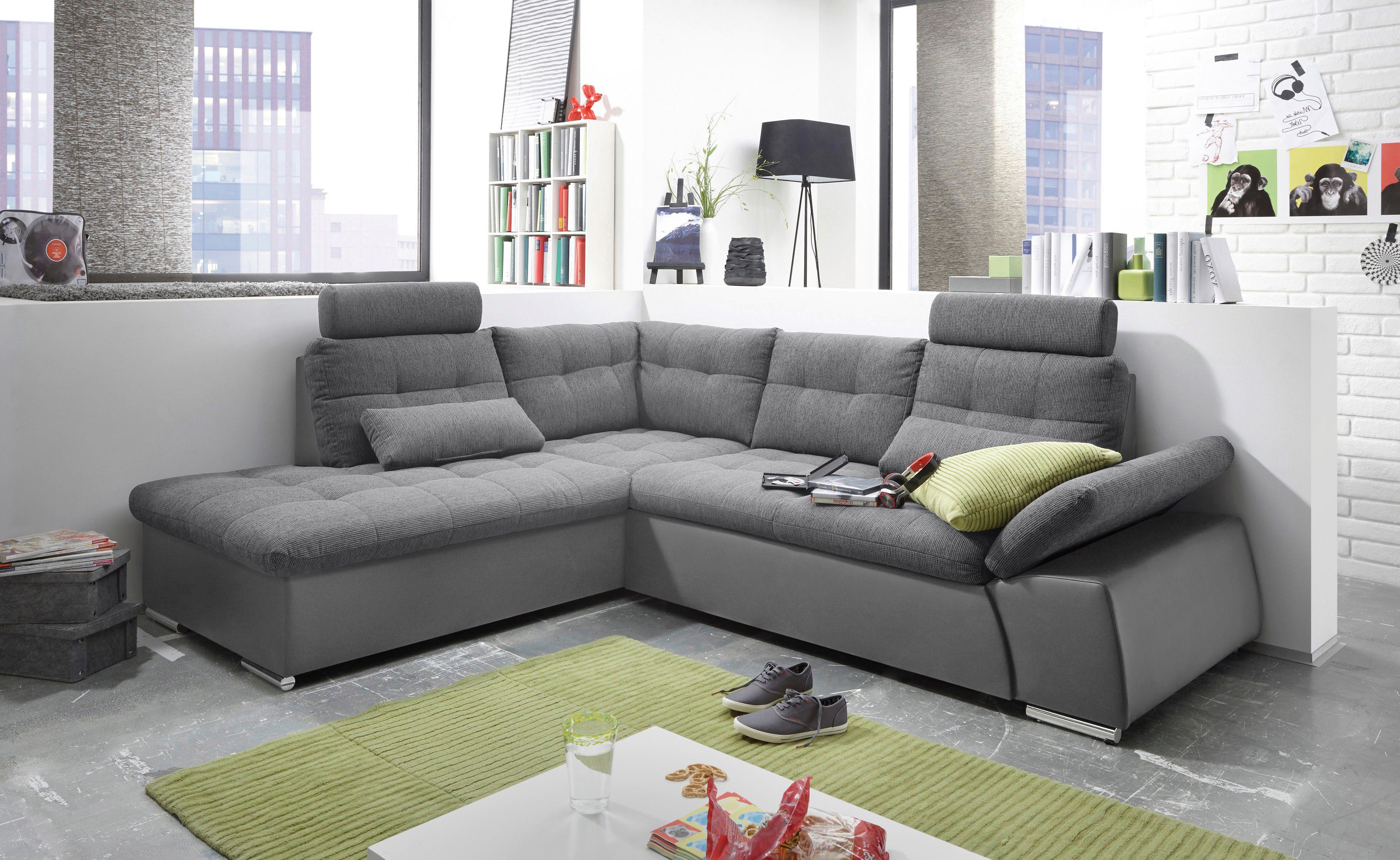 ED EXCITING DESIGN Ecksofa Jakarta L-Form, mit Bettfunktion, Armteilverstellung, Kopfstützen & 2 Nierenkissen