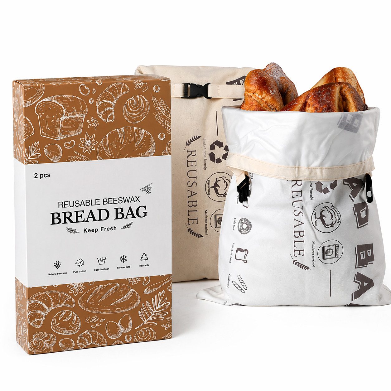 JASLIFE Brottasche Brotbeutel wiederverwendbar mit Clipverschluss, Baumwolle, waschbar, (Einzelstück; 2er Set, 1-tlg., 1-teilig), wiederverwendbar, leicht zu reinigen, praktisch im Alltag