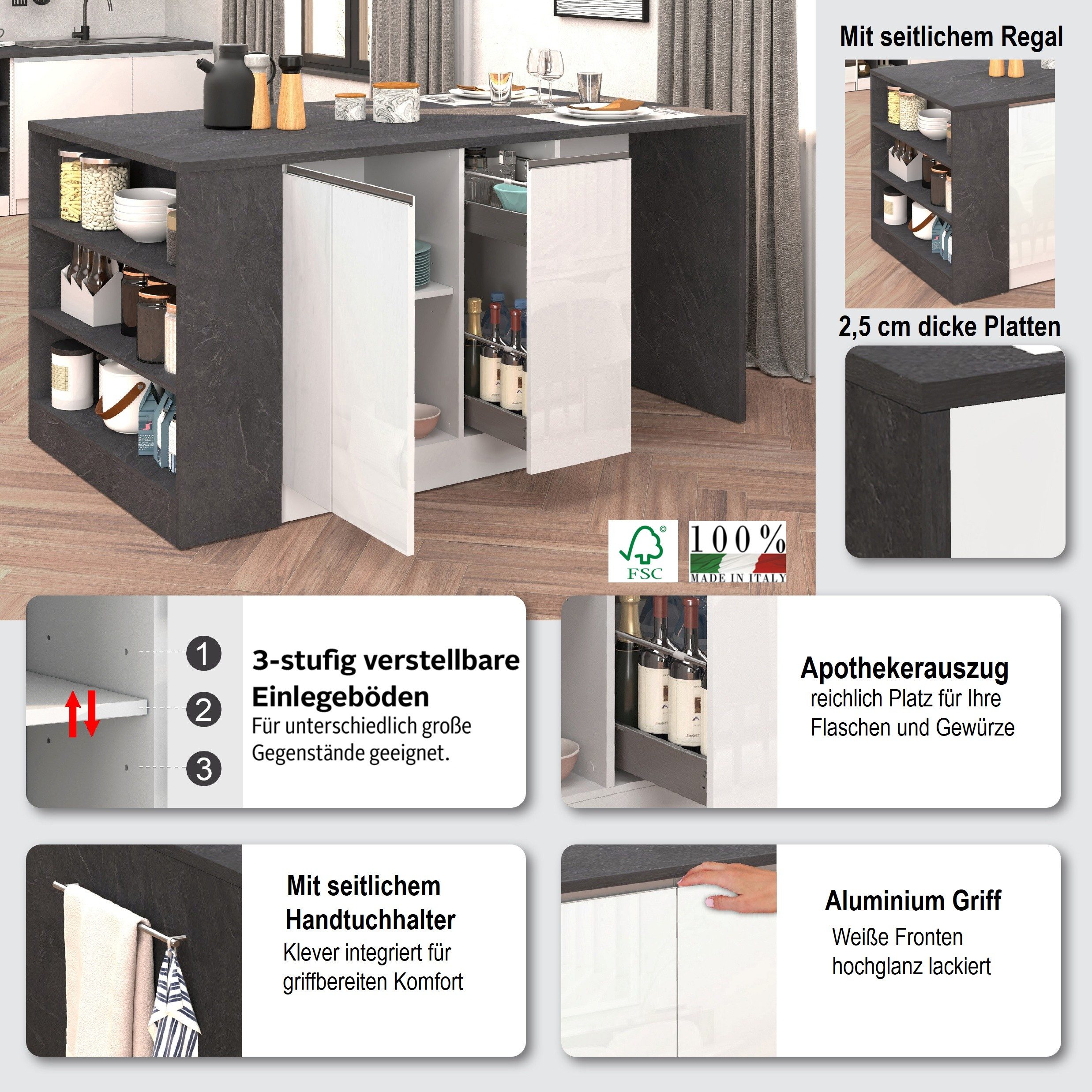 KOCHSTATION Kücheninsel KS-Sole, Kochinsel, Küchenarbeitsblock, Arbeitsinsel, Made in Italy, Breite 167,5 cm, 2 Apothekerauszüge, 2 Essplätze, 1 offenes Regal