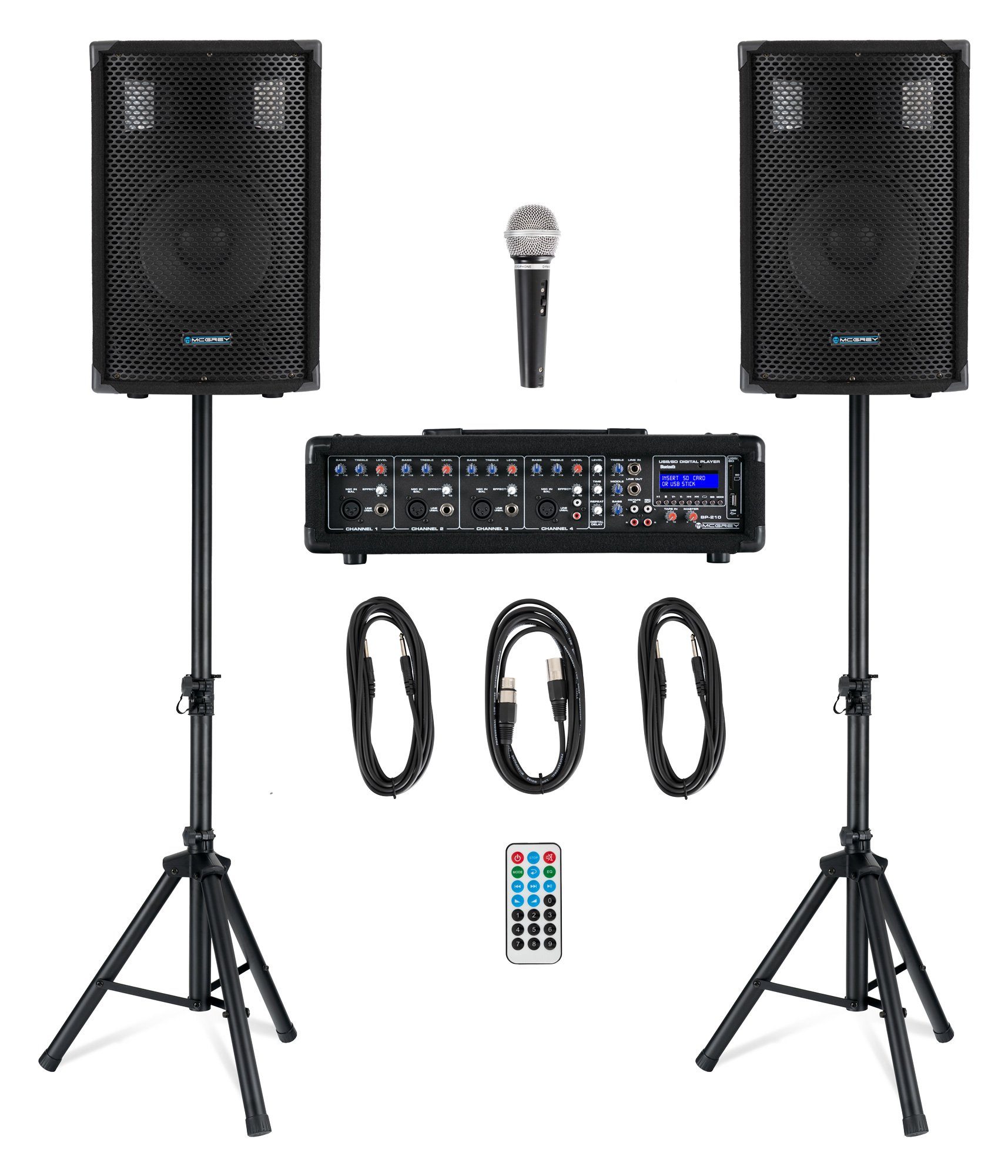 McGrey BP-210 Bandpack PA-Anlage - 4-Kanal Powermixer - digitaler Hall -  Bluetooth - USB/SD-Slot - 2-Wege-Lautsprecher mit 10" Woofer und Horn -  Inklusive Mikrofon, Stative und Kabel - 100 Watt Lautsprechersystem (100 W)