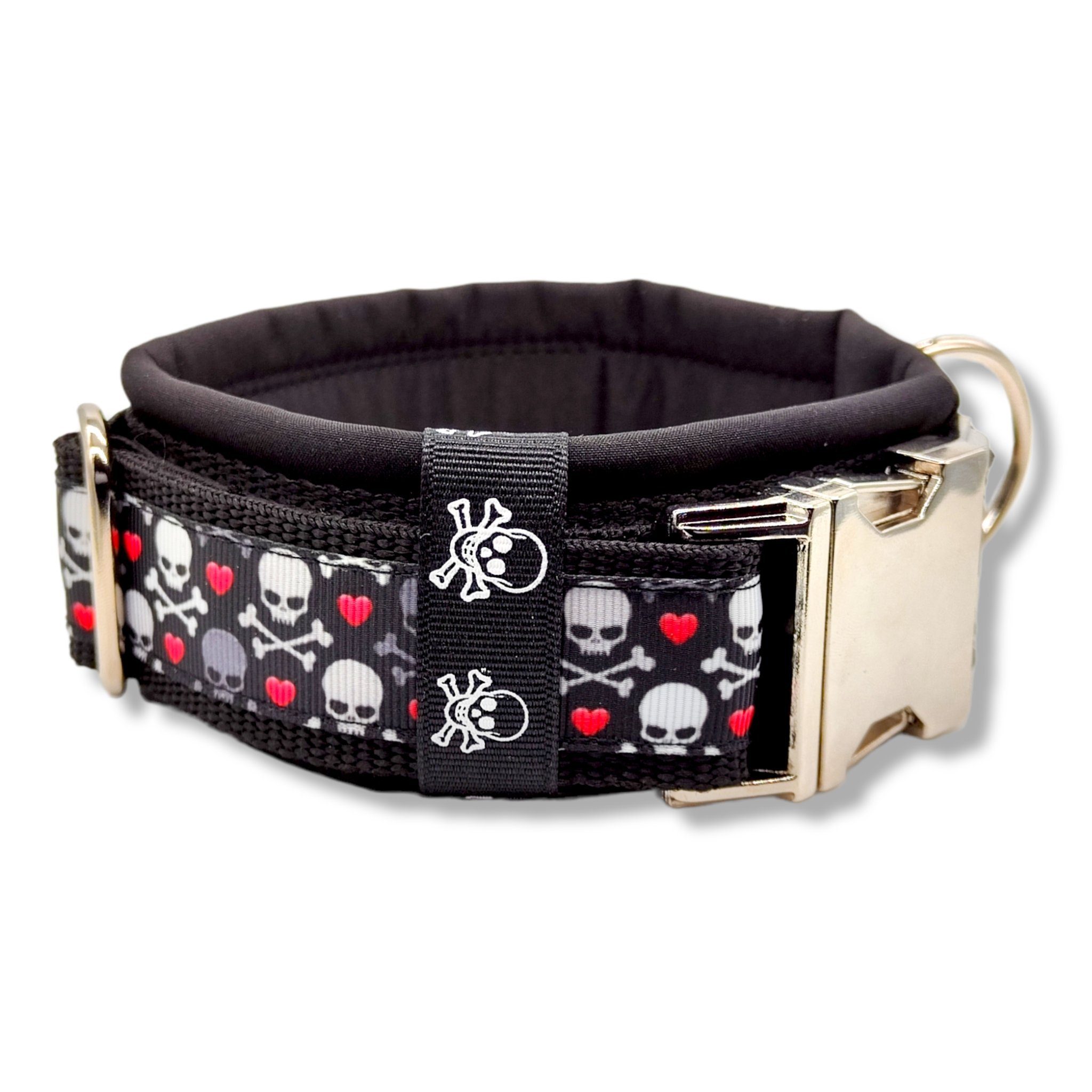D by E Couture Hunde-Halsband "Skulls & Hearts III", gepolstert, verstellbar, 50mm breit, Handmade