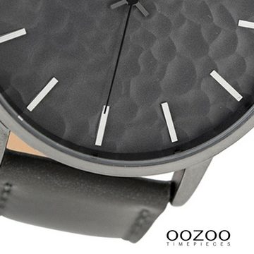 OOZOO Quarzuhr Oozoo Herren Armband-Uhr grau, Herrenuhr rund, extra groß (ca. 48mm) Lederarmband, Fashion-Style