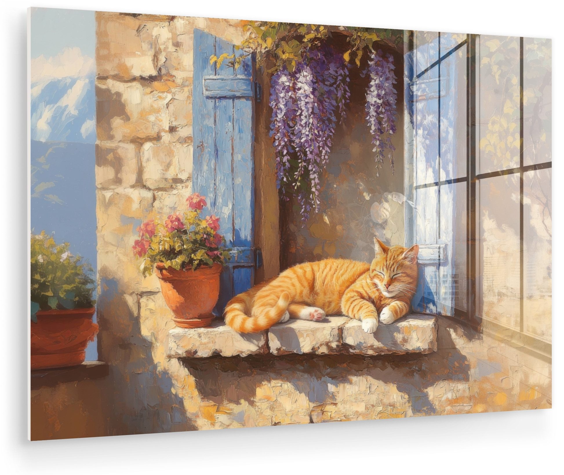 MuchoWow Acrylglasbild Katze - Fensterbank aus Stein - Blumen, Inkl. Aufhängung, Glasbilder Wohnzimmer, Schlafzimmer, Flur & Esszimmer, 30x20 cm