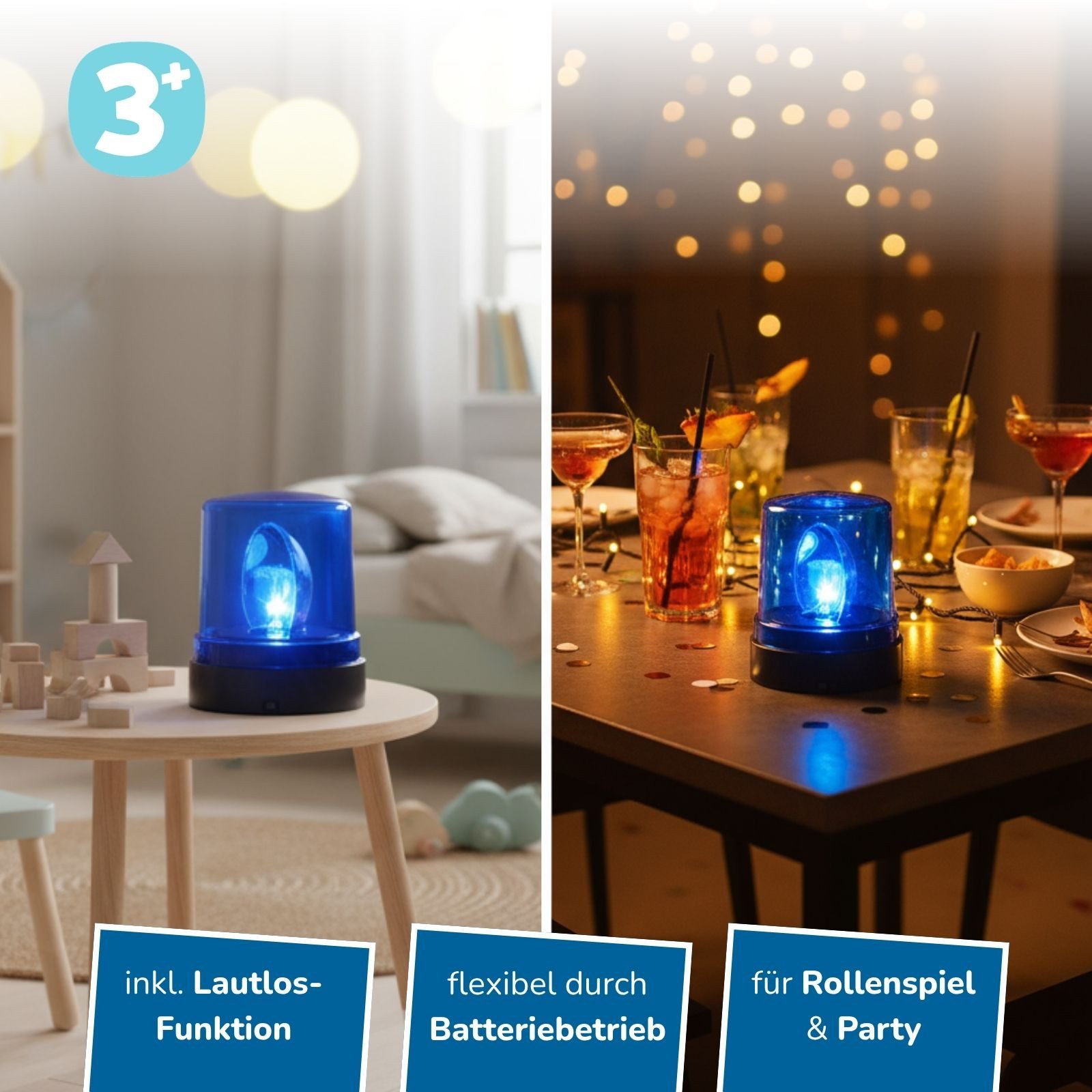 alldoro LED Dekolicht 2er Set LED Spielzeug Blaulicht mit Sirenen Sound und Lautlos-Funktion, inklusive Lautlosmodus nur mit Licht ohne Sound, Dekolicht blau für Rollenspiele, Kindergeburtstag & Party-Beleuchtung