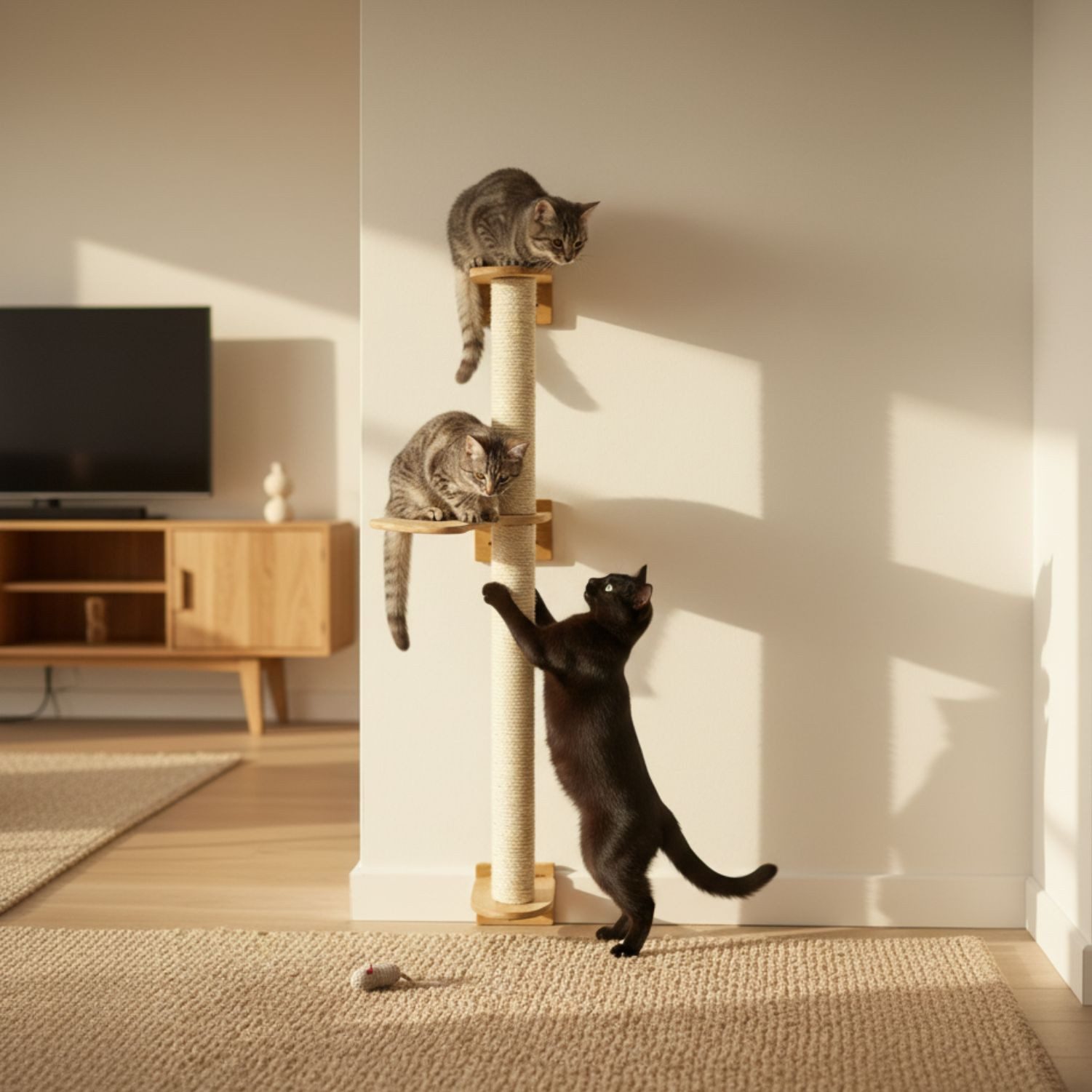 eyepower Kratzbaum zur Wandmontage - 102 cm Wandkratzbaum für Katzen mit 1 Bambus Plateau, Sistammstamm Wand - Katzenkratzbaum platzsparend - Kletterwand Katze