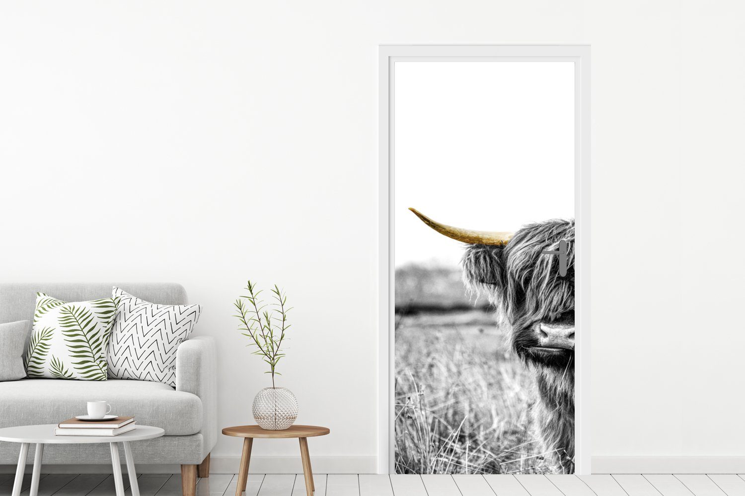 MuchoWow Türtapete Schottischer Highlander - Horn - Gold, Matt, bedruckt, (1 St), Selbstklebende Tapete, Folie für Möbel, 75x205 cm