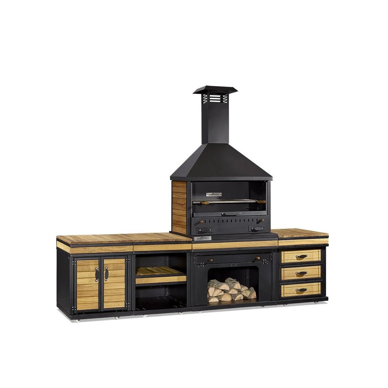 Xlmoebel Outdoor-Küche Moderne Außenküche aus Holz und Edelstahl in Schwarz, Made in Europa