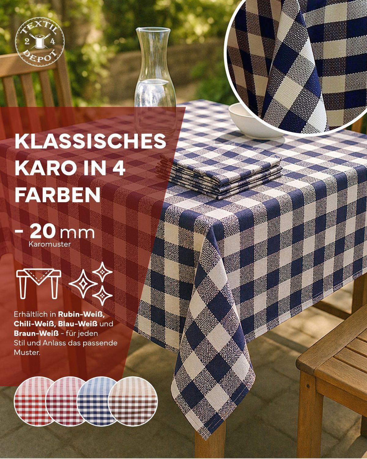 texpot Tischdecke Tischwäsche im 2 cm Karo blau-weiß 100% Baumwolle Landhaus Tischdecken (1-tlg)