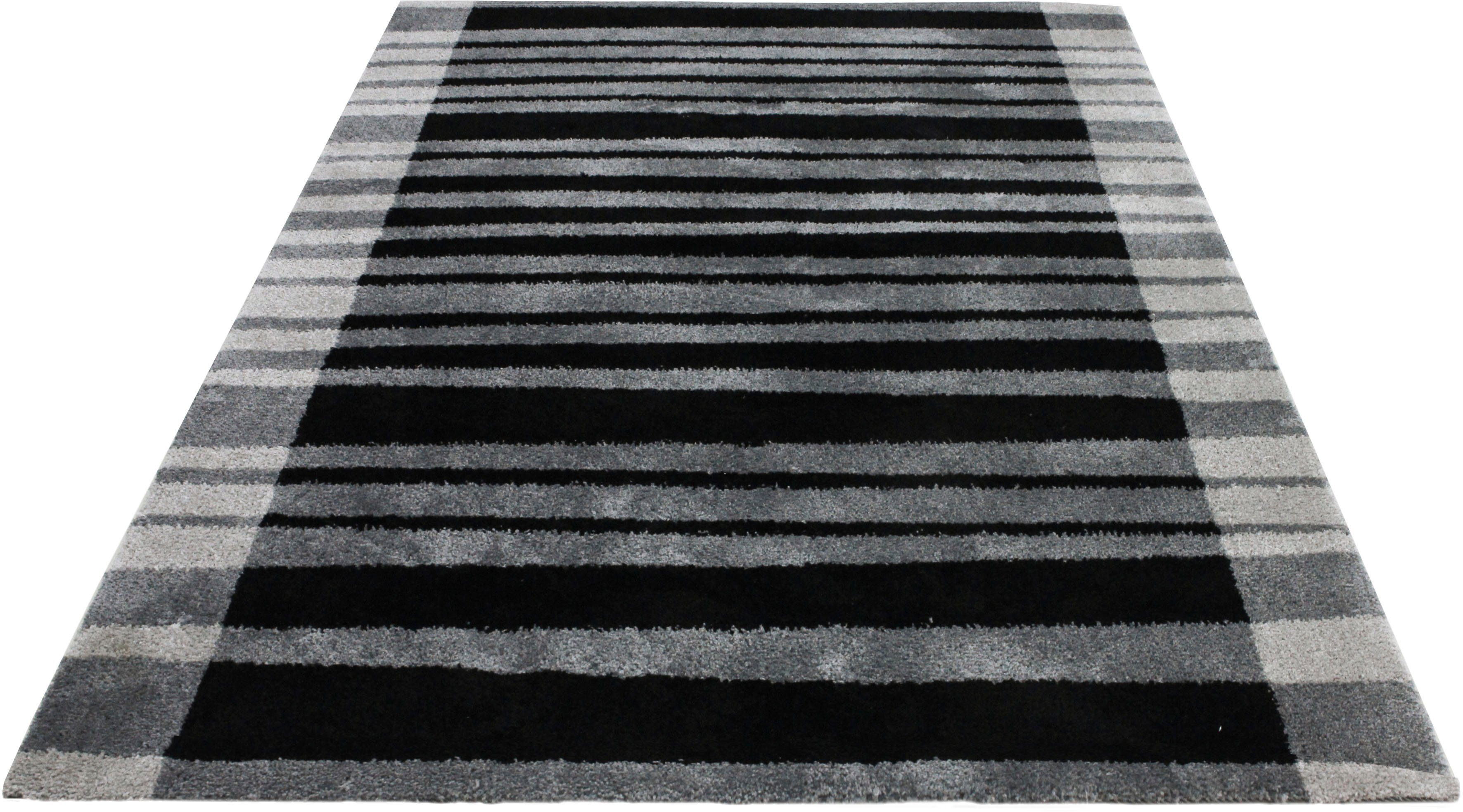 Hochflor-Teppich Cameo-Bordüre, Bruno Banani, rechteckig, Höhe: 27 mm, gestreiftes Muster mit Bordüre, angenehme Haptik, Streifen anthrazit