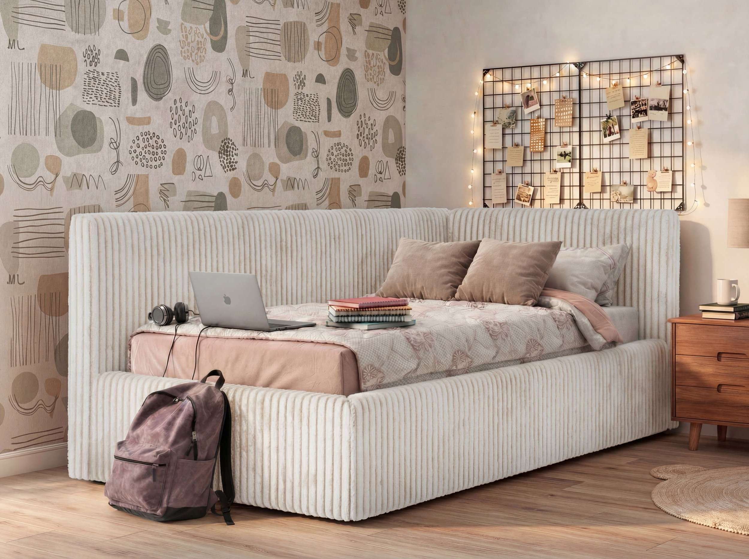 MKS MÖBEL Jugendbett TILVO (Set, Cordstoff Bett, inkl. Lattenrost, Bettkasten, gepolsteres Kopfteil), Eckbett mit Stauraum & Gasdruckfedern