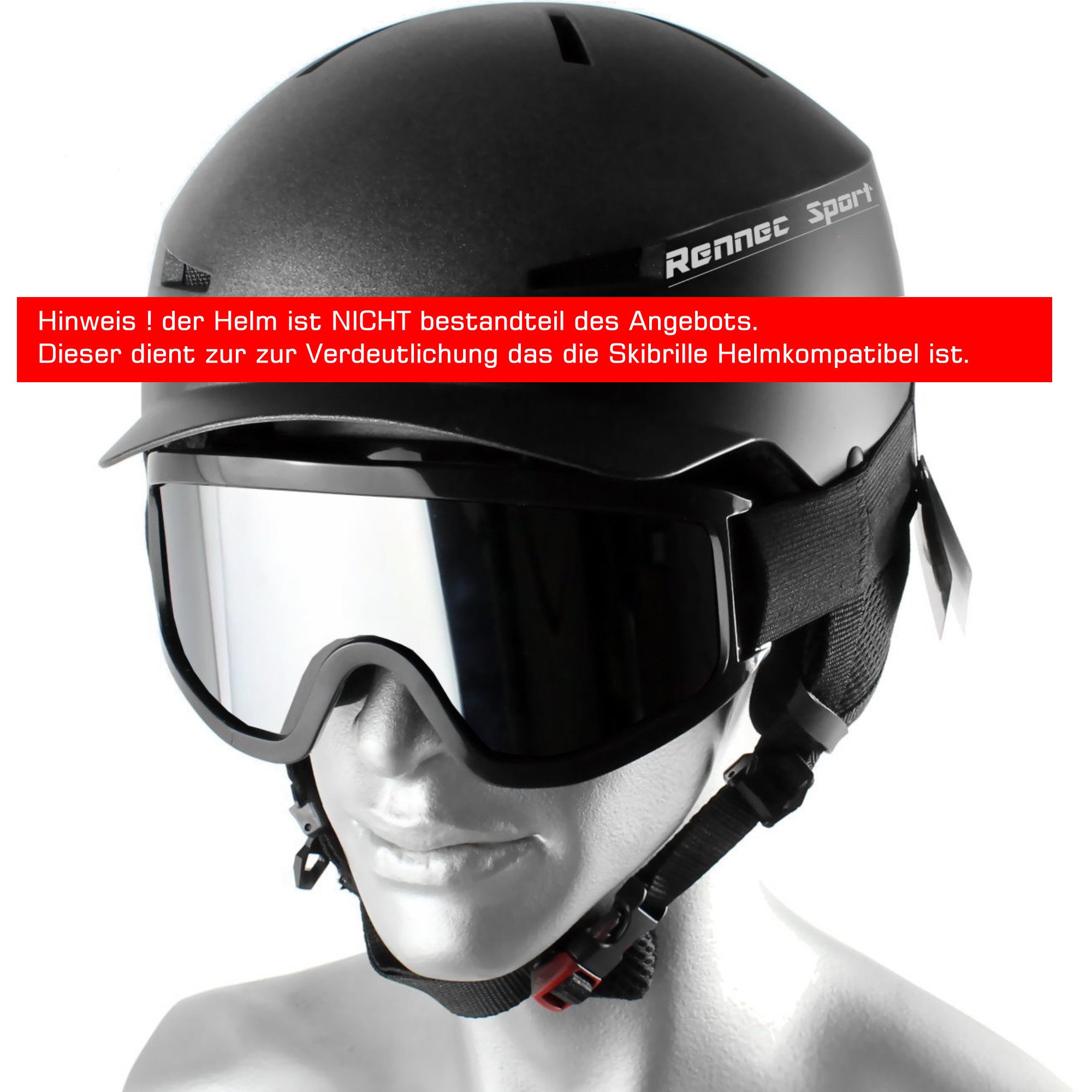 Rennec Skibrille, (Unisex Skibrille inklusive Brillenbeutel), Brillenträger geeignet Linsen Verspiegelt oder Getönt S1 S3