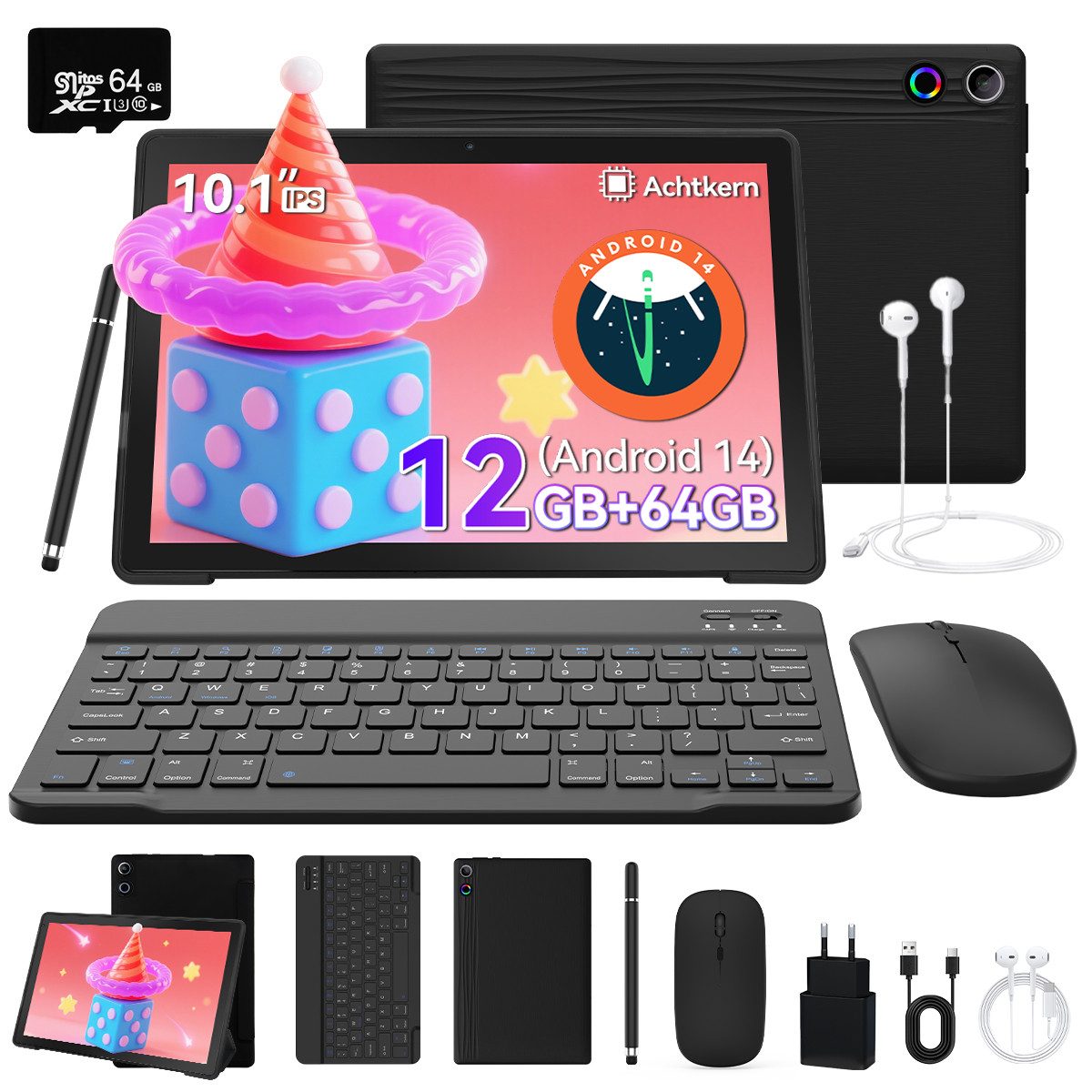 Happybe Android 14 10 Zoll 12GB RAM+64GB mit Hülle, Tastatur & Stift Set Tablet (10,1", 64 GB, Android, WiFi, Octa-Core, WiFi 6, HD 1280x800, 5000mAh Akku)