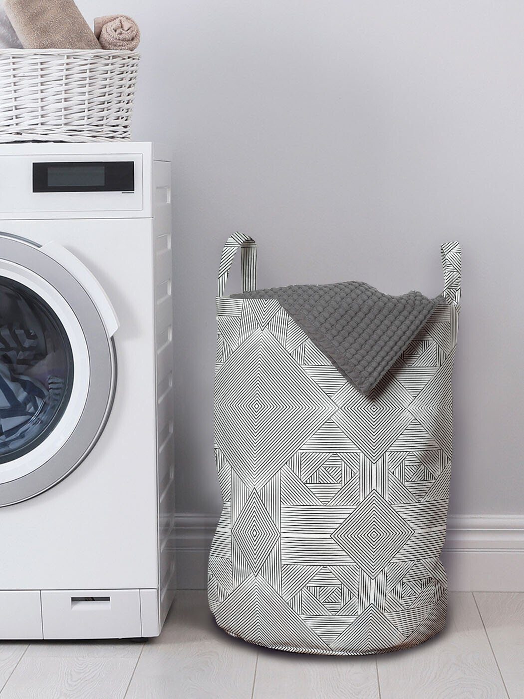 Kordelzugverschluss Griffen für mit Waschsalons, Moderne Streifen-Motiv Geometrisch Wäschesäckchen Wäschekorb Abakuhaus