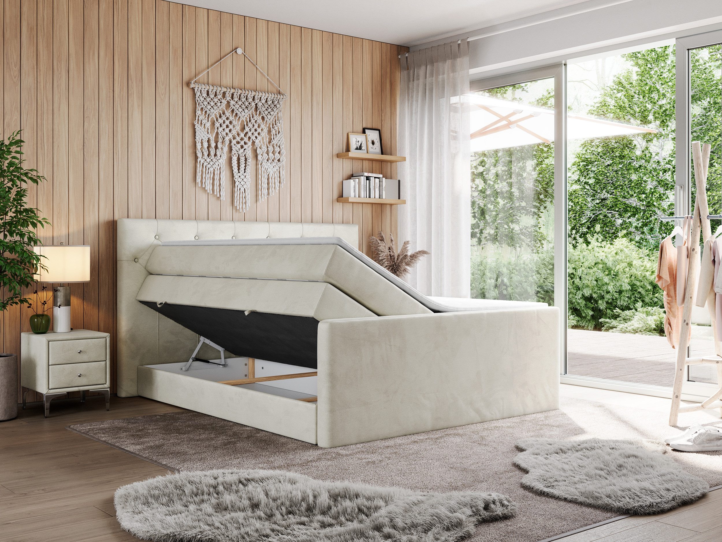MKS MÖBEL Boxspringbett KING VELEN (T30-Schaum, Topper T25/Visco, Bonell-Federn), Doppelbett mit Multipocket-Matratzen, Polsterbett mit Kopfstütze