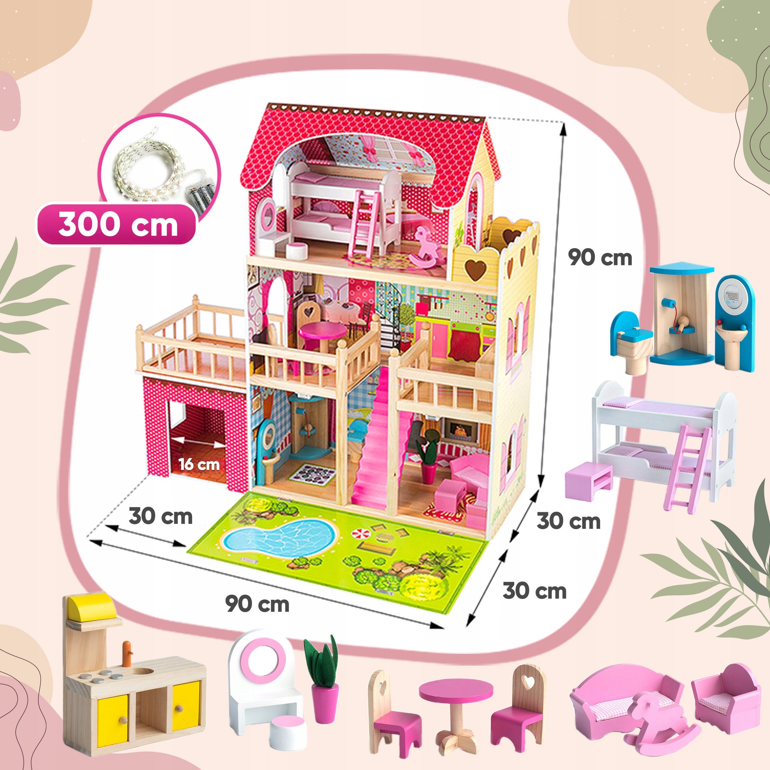 Kinderplay Dolls & Strollers Dollhouse Wooden Villa – 3 Floors with LED Lights – Playhouse with Garage