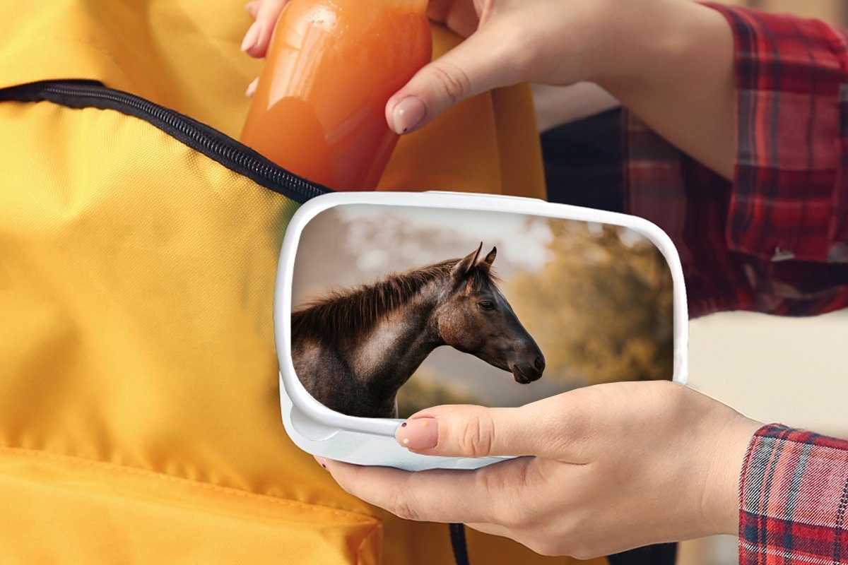 MuchoWow Lunchbox Pferd für Wald - Erwachsene, Porträt, weiß (2-tlg), - Kinder und und Jungs Brotbox Brotdose, Kunststoff, für Mädchen