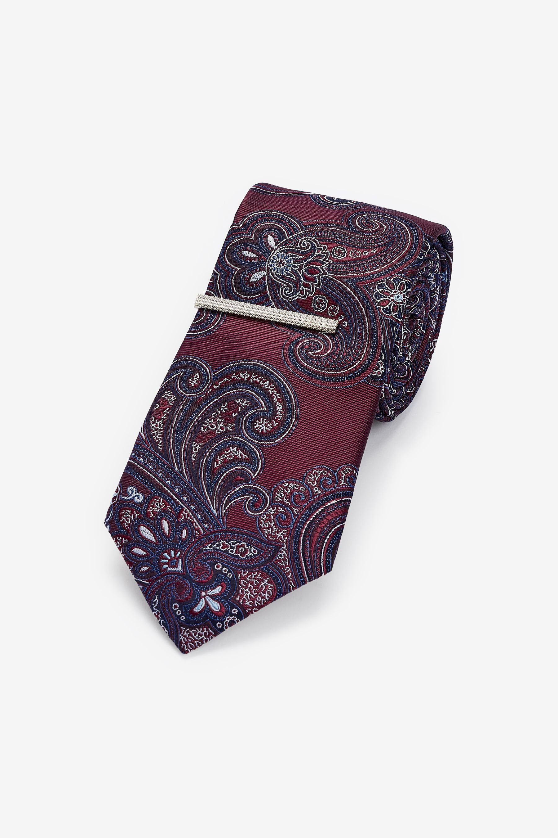 Next Krawatte Gemusterte Krawatte mit Krawattenklammer, Slim (2-St) Burgundy Red Paisley