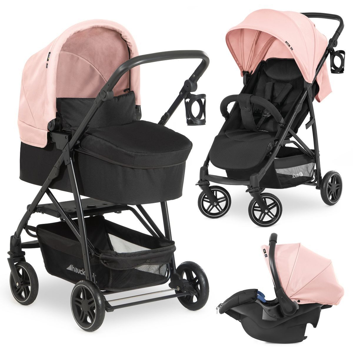 Hauck Kombi-Kinderwagen Rapid 4R Plus Trioset - Rose, (3-tlg), 3in1 Kinderwagen Buggy Set mit Babyschale, Babywanne und Sportsitz