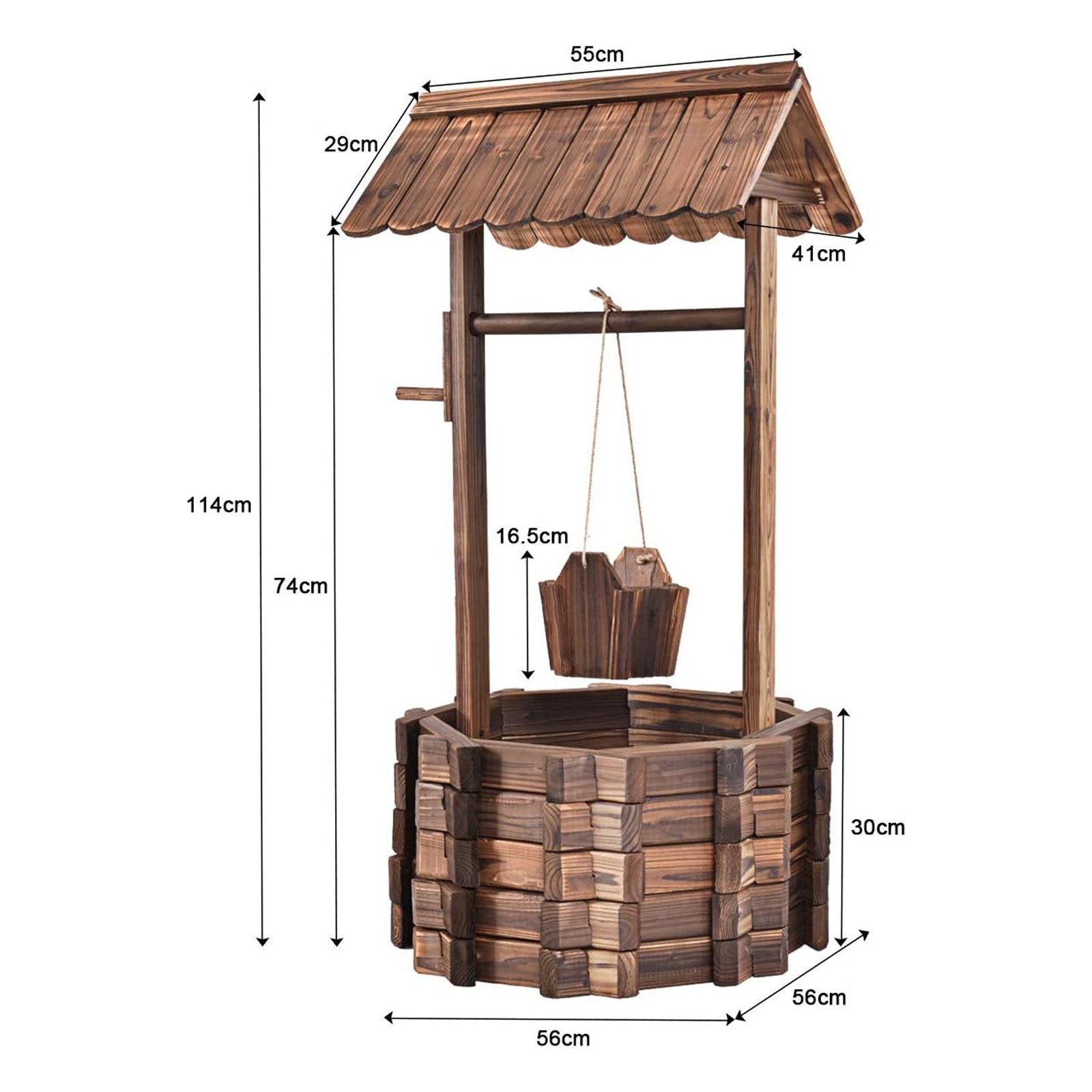 KOMFOTTEU Gartenbrunnen Wunschbrunnen mit Dach, aus Tannenholz, Garten Dekoration – Bild 5 von 5