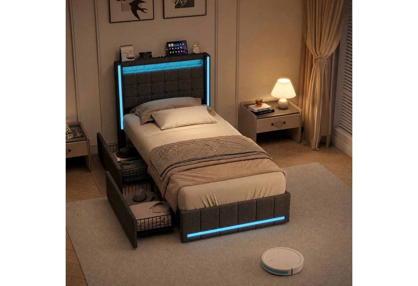 Simurq Polsterbett Polsterbett,Erwachsenenbett,Schubladenbett,Jugendbett,Einzelbett (inkl. Lattenrost, Ohne Matratze, mit Kopfteil), 2 Schubladen,LED-Beleuchtung,USB Type-C Ladestation,Grau,90x200 cm