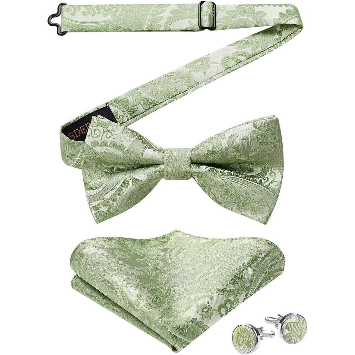 LuxusKollektion Fliege Fliege Herren Paisley Einstecktuch Manschettenknöpfe Set A-salbei Grün
