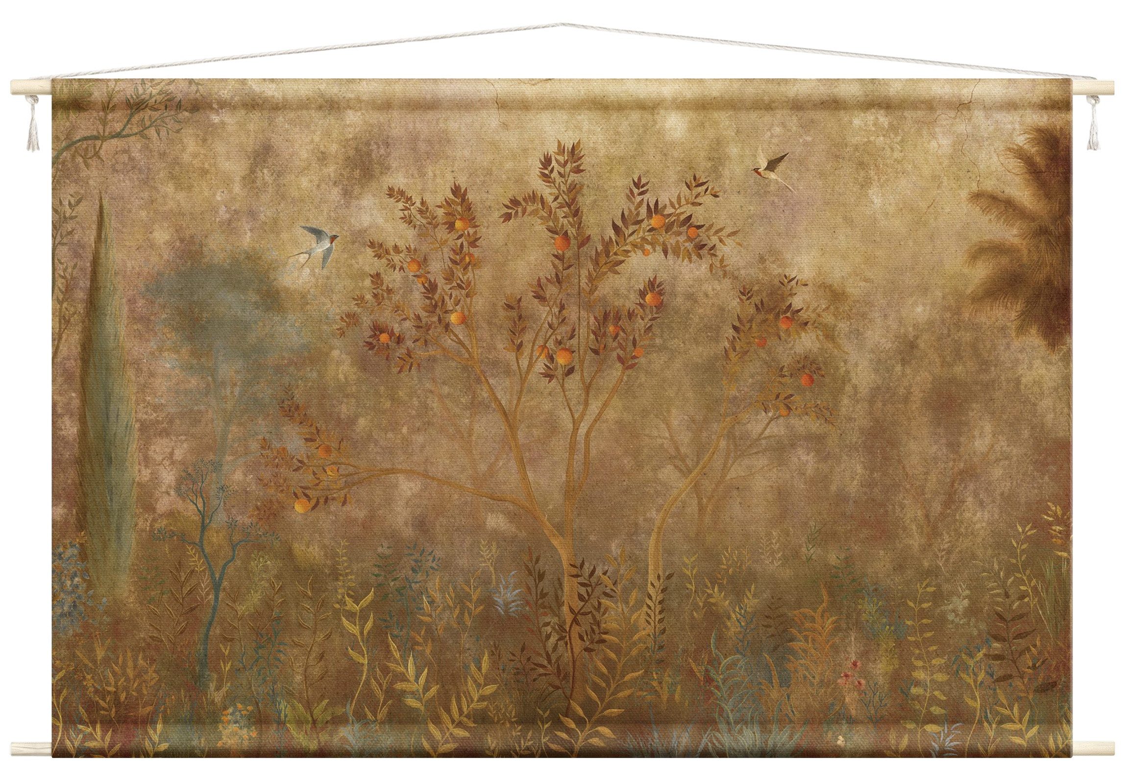 Bilderdepot24 Wandteppich modern Wald Tropisch Natur Tiere Vögel Vintage braun, rechteckig, Höhe: 2.6 mm, großes Wandbild aus Natur-Baumwolle Wandbehang Stoffbild Tuch Wollseil