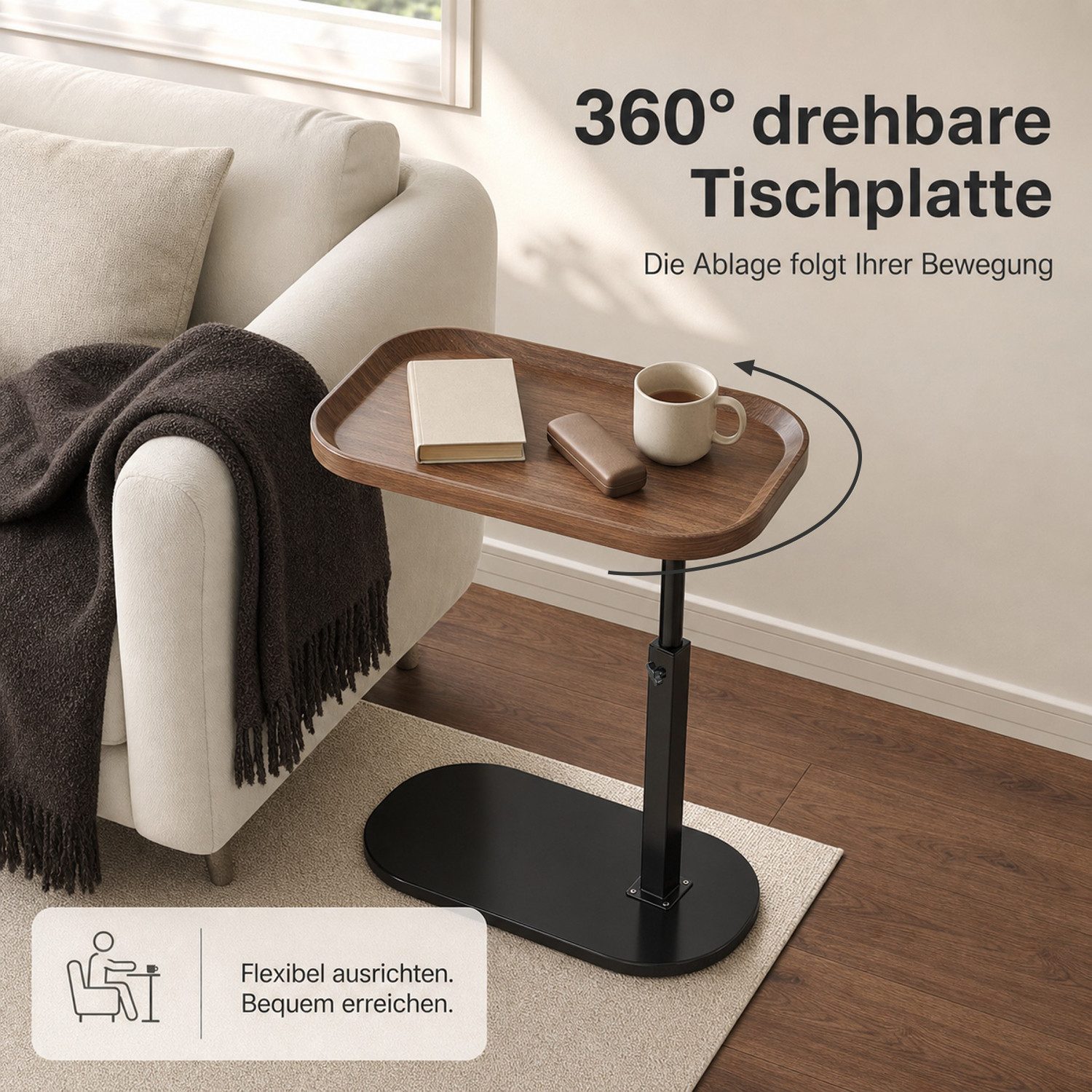 AIMAX Beistelltisch Sofatisch C Form Höhenverstellbar 360° Drehbarer Beistelltisch 45*30CM (Modern Mobiler Kaffeetisch Holz Couchtisch Side Table Nachttisch, 1- – Bild 2 von 5