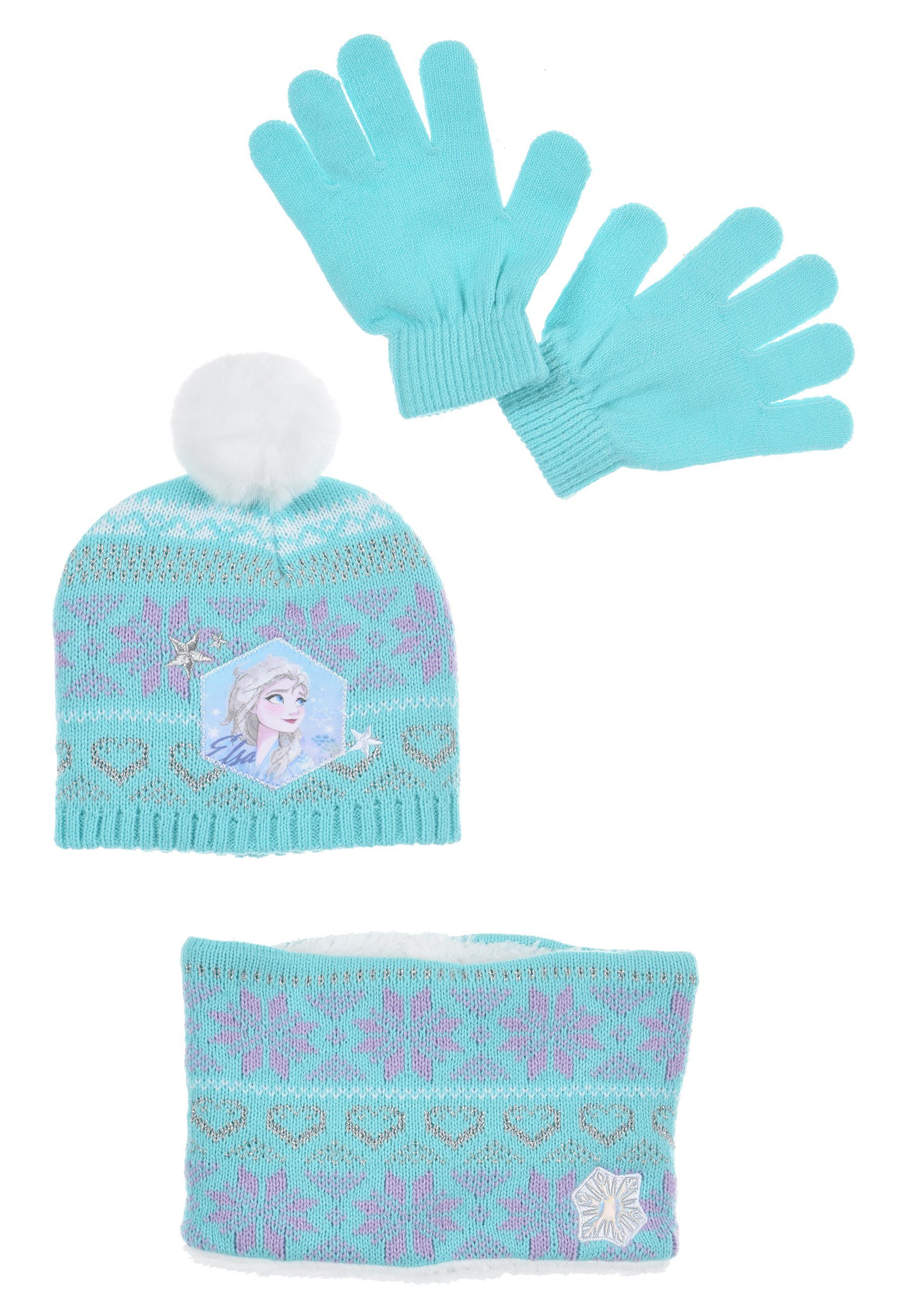 Handschuhe Mütze, Mädchen Frozen & Kinder Disney (SET) Bommelmütze 3 tlg. Blau Schal Winter-Set