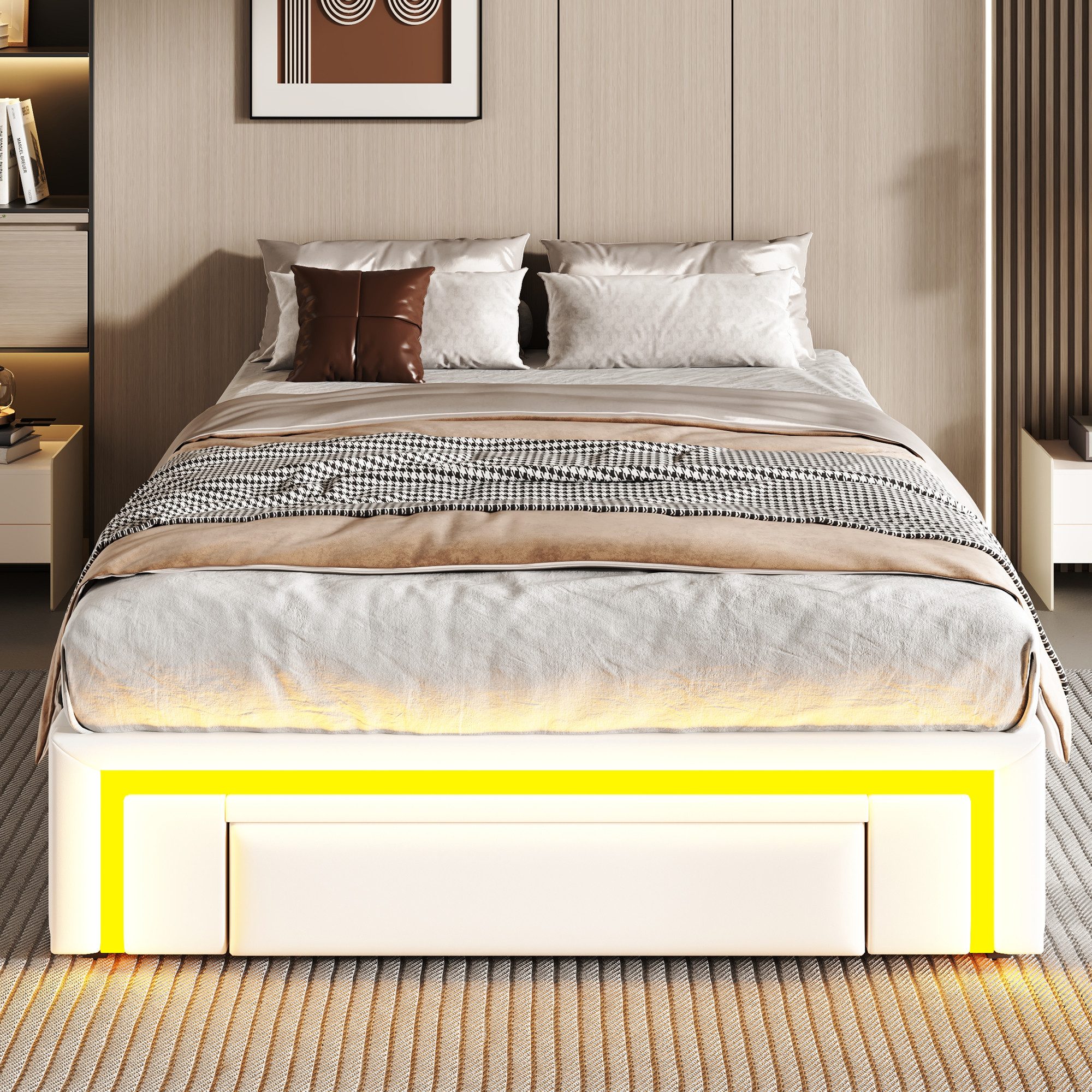 Odikalo Bettgestell Kinderbett Einzelbett 90x200 mit LED (mit Schubladen PU-Leder Bett ohne Kopfteil Mit Lichtleiste MetalllattenPlattformbett für moderne Schlafzimmer Weiß)