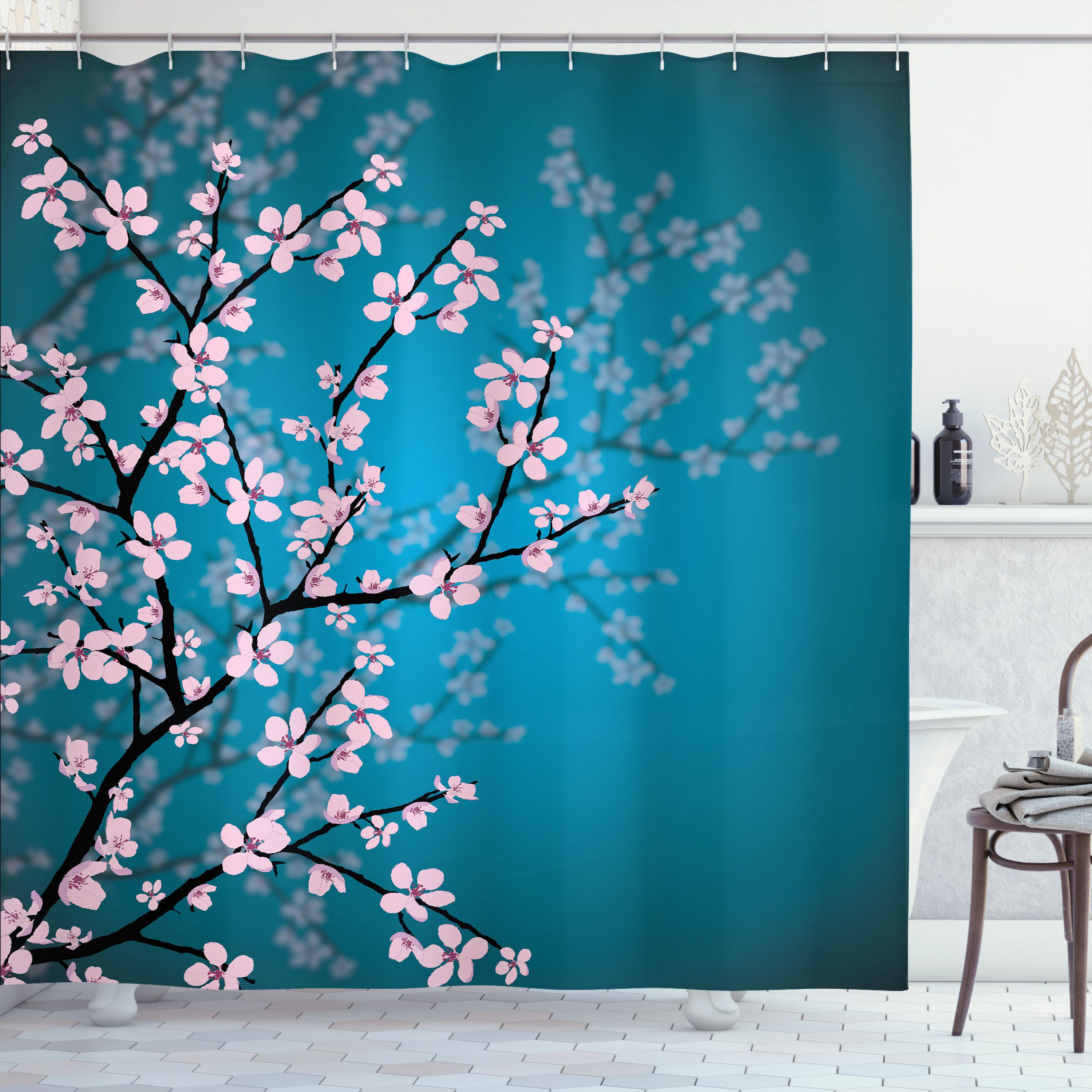 Abakuhaus Duschvorhang Moderner Digitaldruck mit 12 Haken auf Stoff Wasser Resistent Breite 175 cm, Höhe 180 cm, japanisch Sakura Bloom Muster