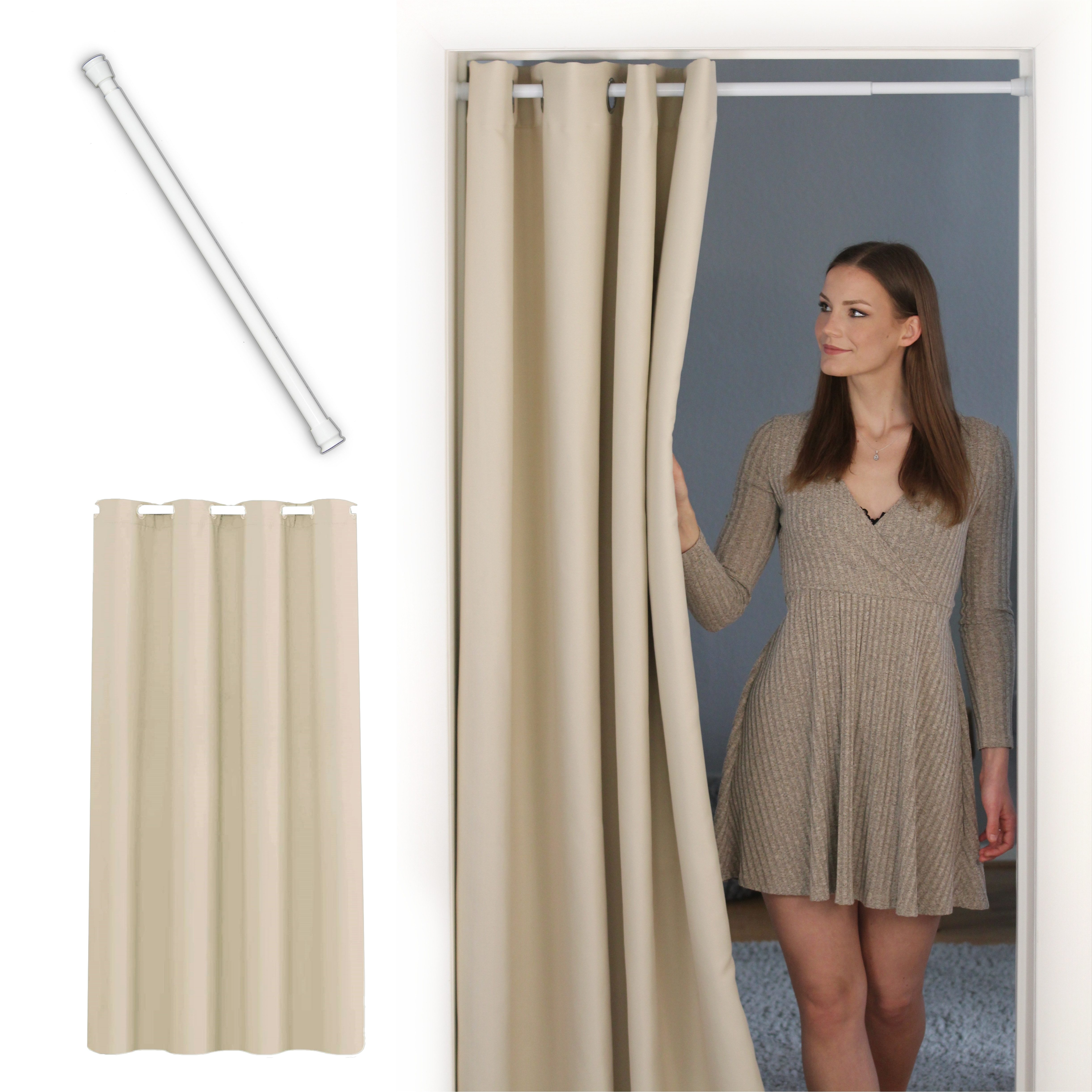 tinycurtains Türvorhang mit Stange weiß 55-90 cm ohne Bohren, Thermo Vorhang Tür, Ösen, abdunkelnd, Polyester, beige Driftwood, Türgardine mit Klemmstange Raumtrenner verdunkelnd