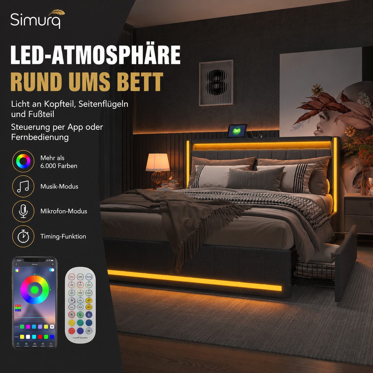 Simurq Polsterbett 140x200 mit Stauraum, 4 Schubladen, LED & USB-C-Ladefunktion (Bettgestell mit Lattenrost, 1 Bettgestell mit Lattenrost, 4 Schubladen und Montageanleitung), LED am Kopfteil