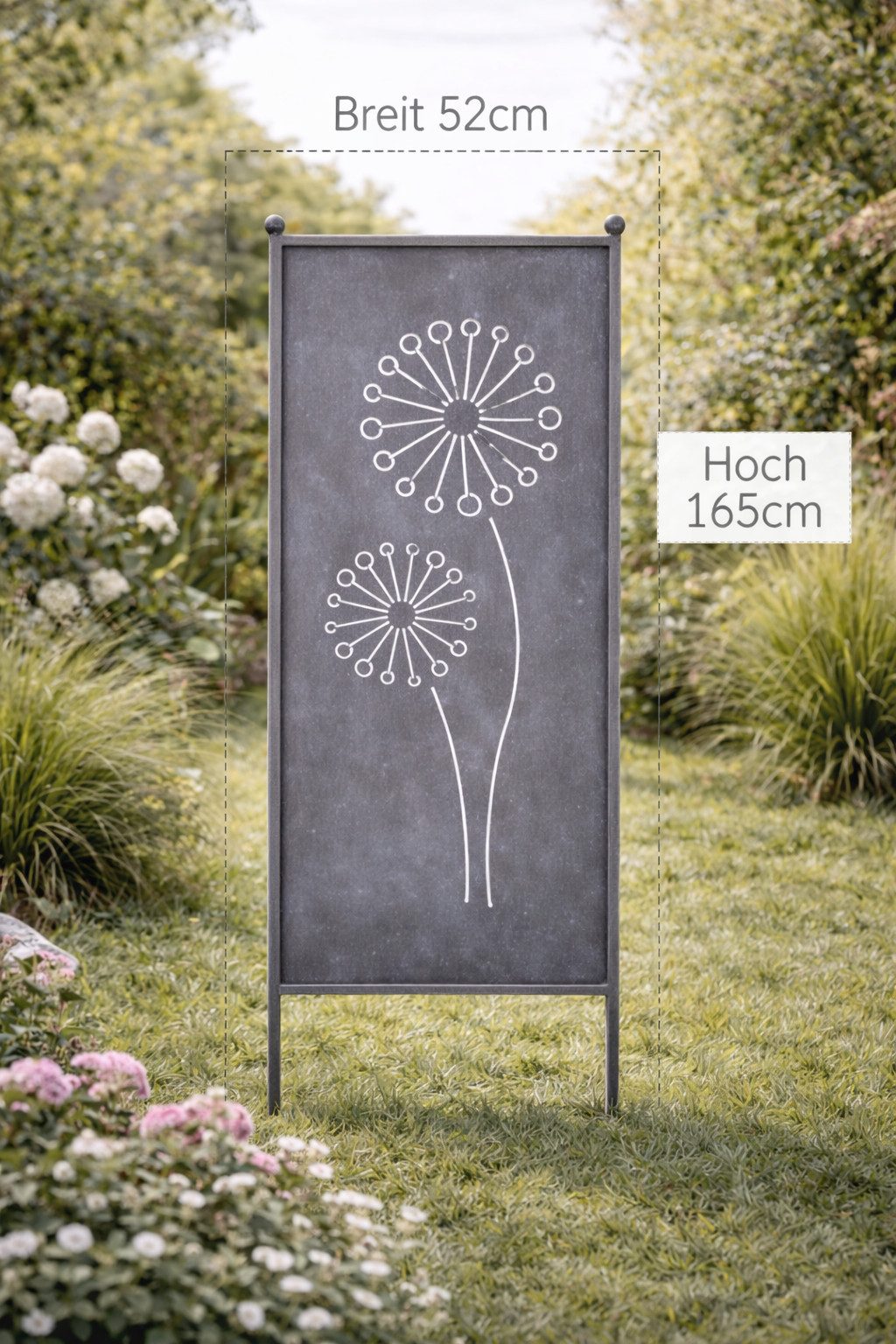 finehomegarden Gartenstecker Stele Metall Pusteblume Sichtschutz grau (1-St) Windschutz Outdoor H165cm B52cm Dekowand Garten / Paket-Speergut