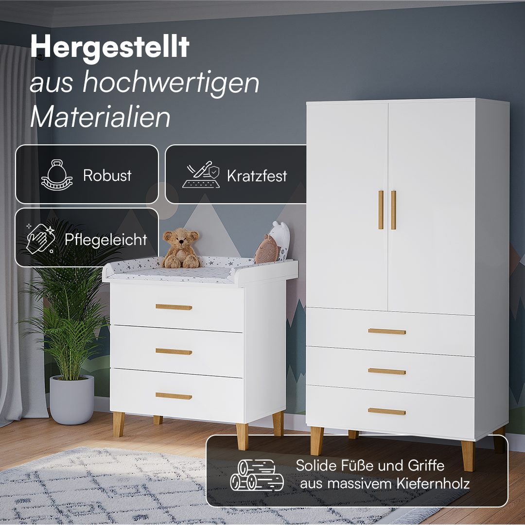 Bellabino Babymöbel-Set Liri, (Weiß/Natur, 2-tlg., Wickelkommode und Kleiderschrank), abnehmbarer Wickelaufsatz