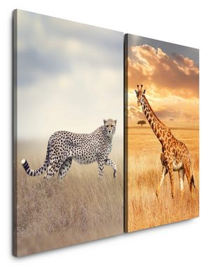 Sinus Art Leinwandbild 2 Bilder je 60x90cm Gepard Giraffe Afrika Wildnis Wolken Safari Steppe