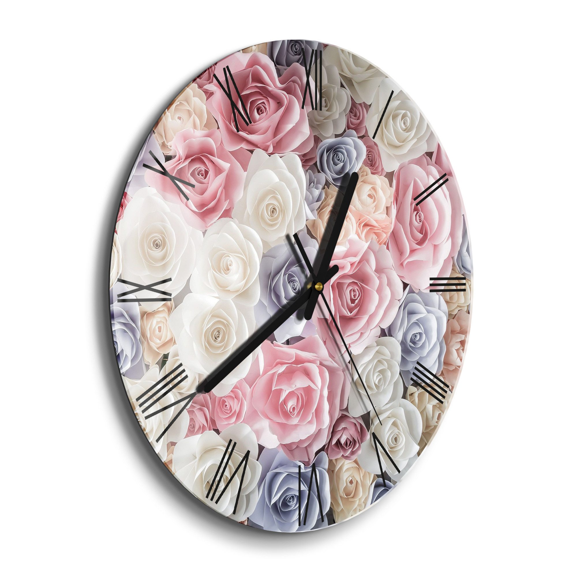 DEQORI Wanduhr 'Sanfte Pastell Rosen' (Glas Glasuhr modern Wand Uhr Design Küchenuhr)