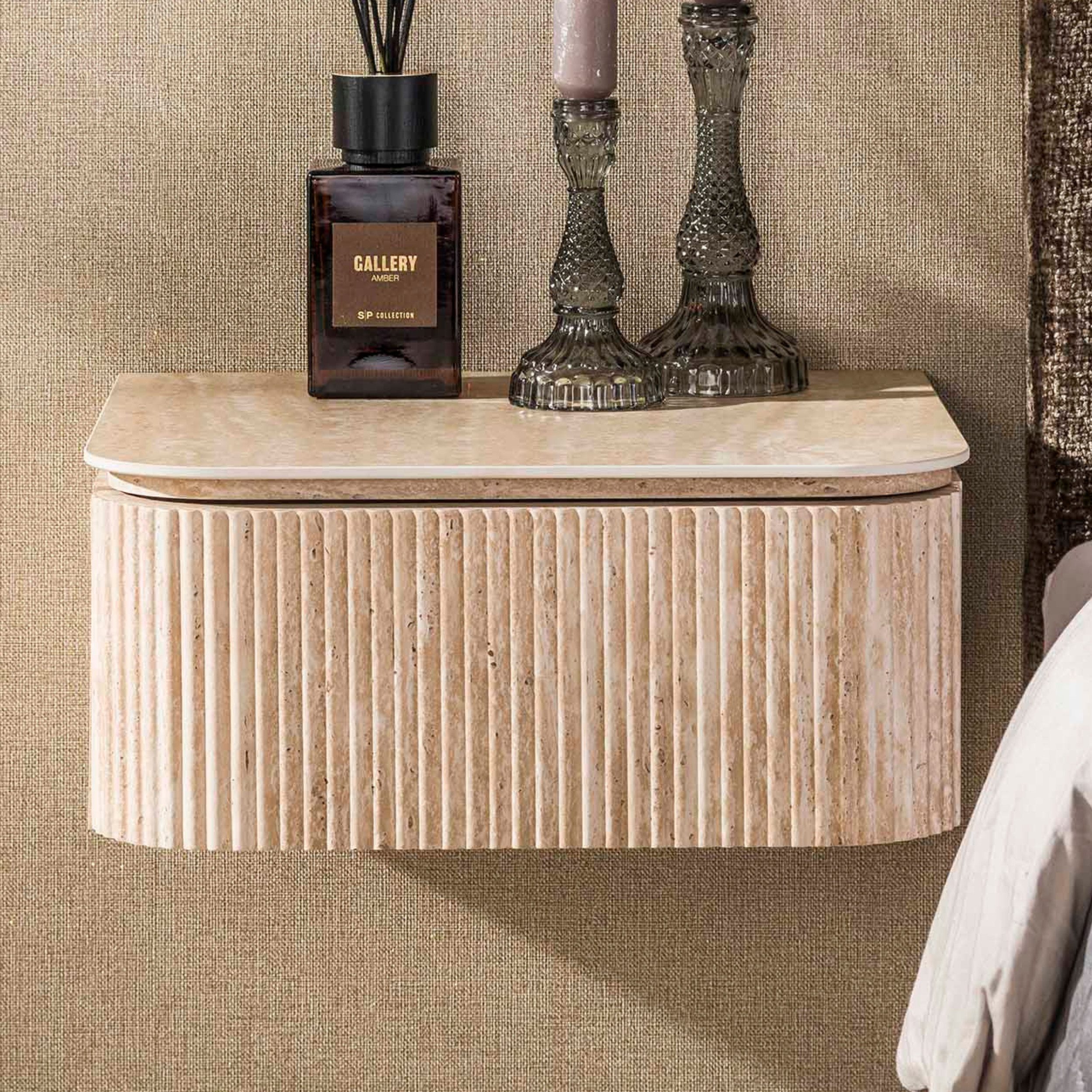 alesvelt Nachttisch ROMANO ARCH Schwebende Monolith-Konsole mit 3D-Rillenstruktur (1-Tisch), 45x40x19cm, Travertin-Design