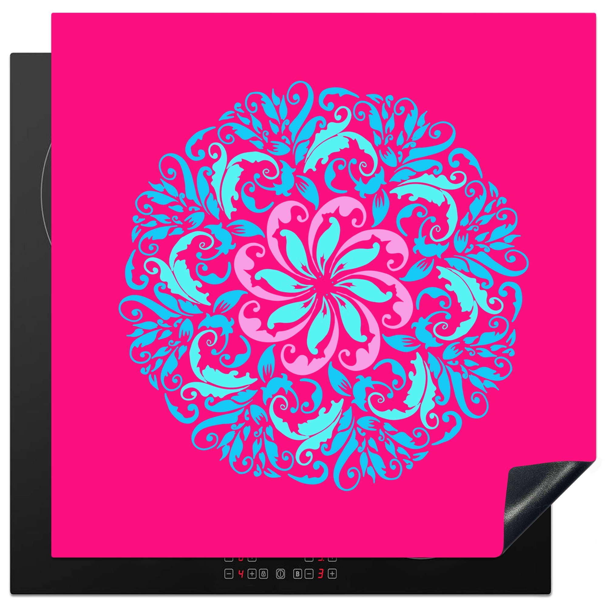 auf (1 MuchoWow für einem Lotus-Mandalas 78x78 eines Illustration Arbeitsplatte Ceranfeldabdeckung, Herdblende-/Abdeckplatte Hintergrund, rosa küche Vinyl, cm, tlg), blauen