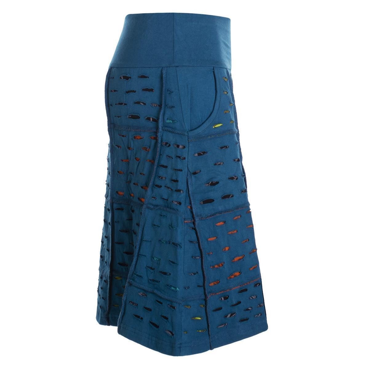Vishes A-Linien-Rock Damen knielang Rock Baumwolle Cutwork Design A-Linie elastischer Bund Alternative Bekleidung, Ethno, Hippie, Retro Style
