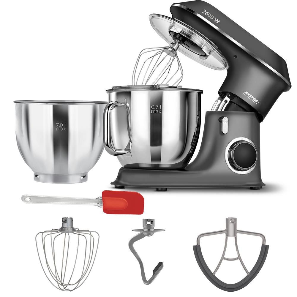 MPM Stabmixer MPM MRK-20 Küchenmaschine mit 2 Schüsseln 2600 W, 6 Geschwindigkeitsstufen, Pulsfunktion, 3 Rührelemente