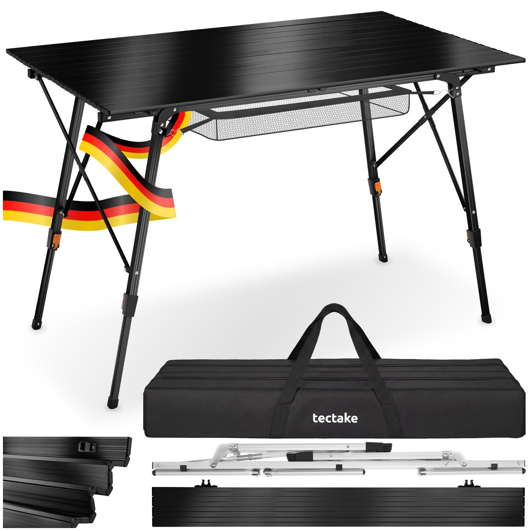 tectake Campingtisch Aluminium Klapptisch - faltbar, wetterfest, 90 x 52 x 47 - 70 cm (Outdoor Beistelltisch Tina, 1-St., in schwarz), höhenverstellbar, mit Aufbewahrungsnetz und Tragetasche