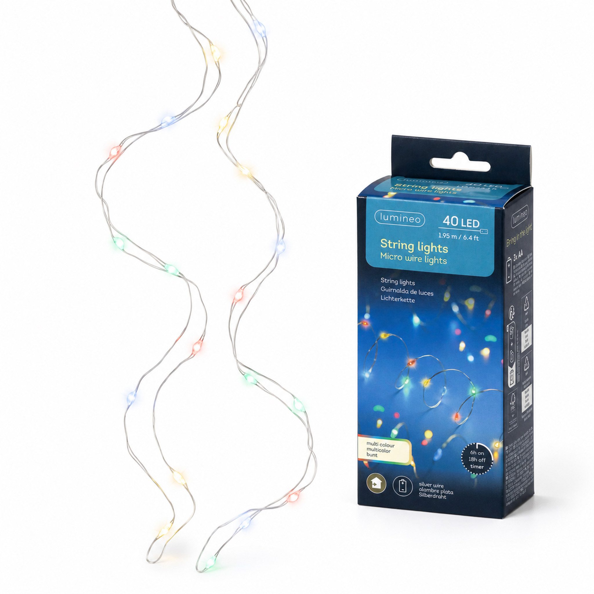Lumineo LED-Lichterkette, LED Draht Lichterkette 1,95m Batterie 40 Micro-LEDs Bunt / Silber