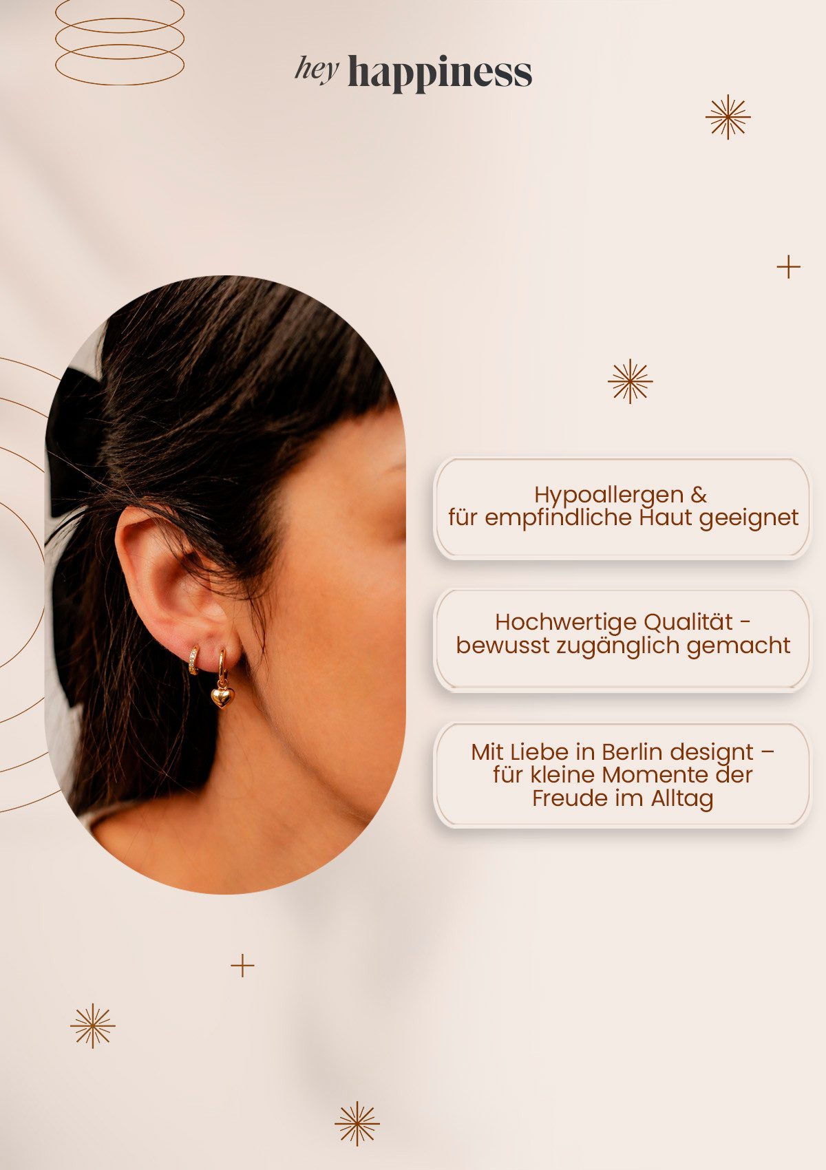 Hey Happiness Paar Creolen Damen Zirkonia, Edelstahl Ohrringe Klein Mittel 18K vergoldet, Klappcreolen in Gold Kristalle rund, wasserfest – Bild 5 von 5