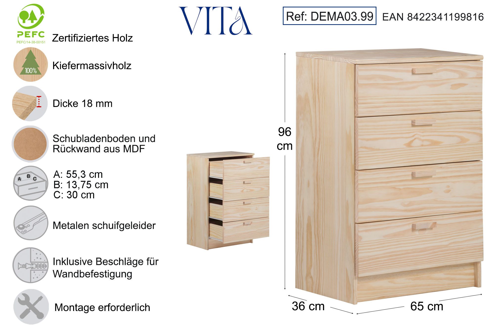 Astigarraga Kit Line Kommode Kommode "Vita" mit vier Schubladen, Sideboard aus Vollholz
