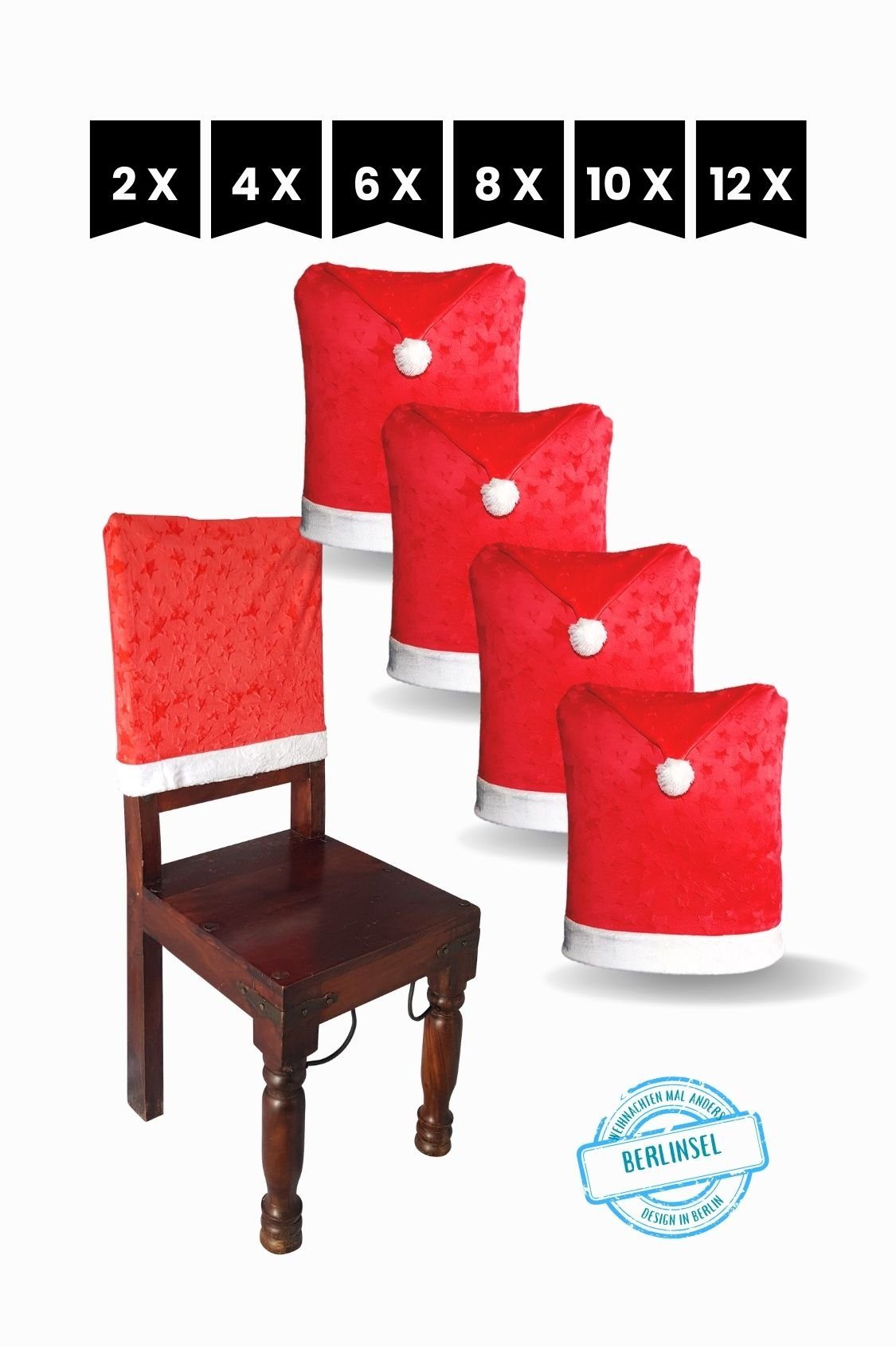 Stuhlhusse Stuhlüberzug im Weihnachtsdesign, Adventsdeko, Stuhlmütze, Berlinsel, passend für fast alle Stuhlgrößen, als 2er,4er,6er,8er,10er & 12er Set