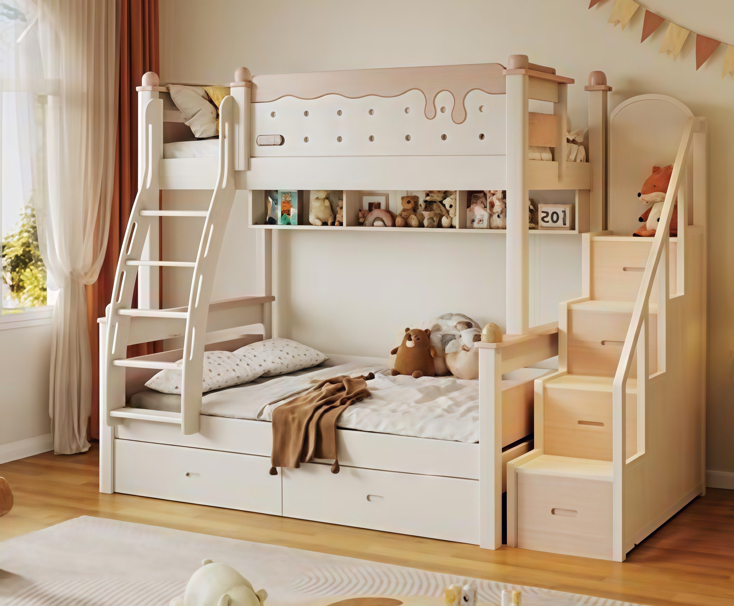 Xlmoebel Etagenbett Doppelstockbett Holz in Beige mit Schubladen und integrierten Stufen (1-St., Etagenbett mit Schubladen), Made in Europa