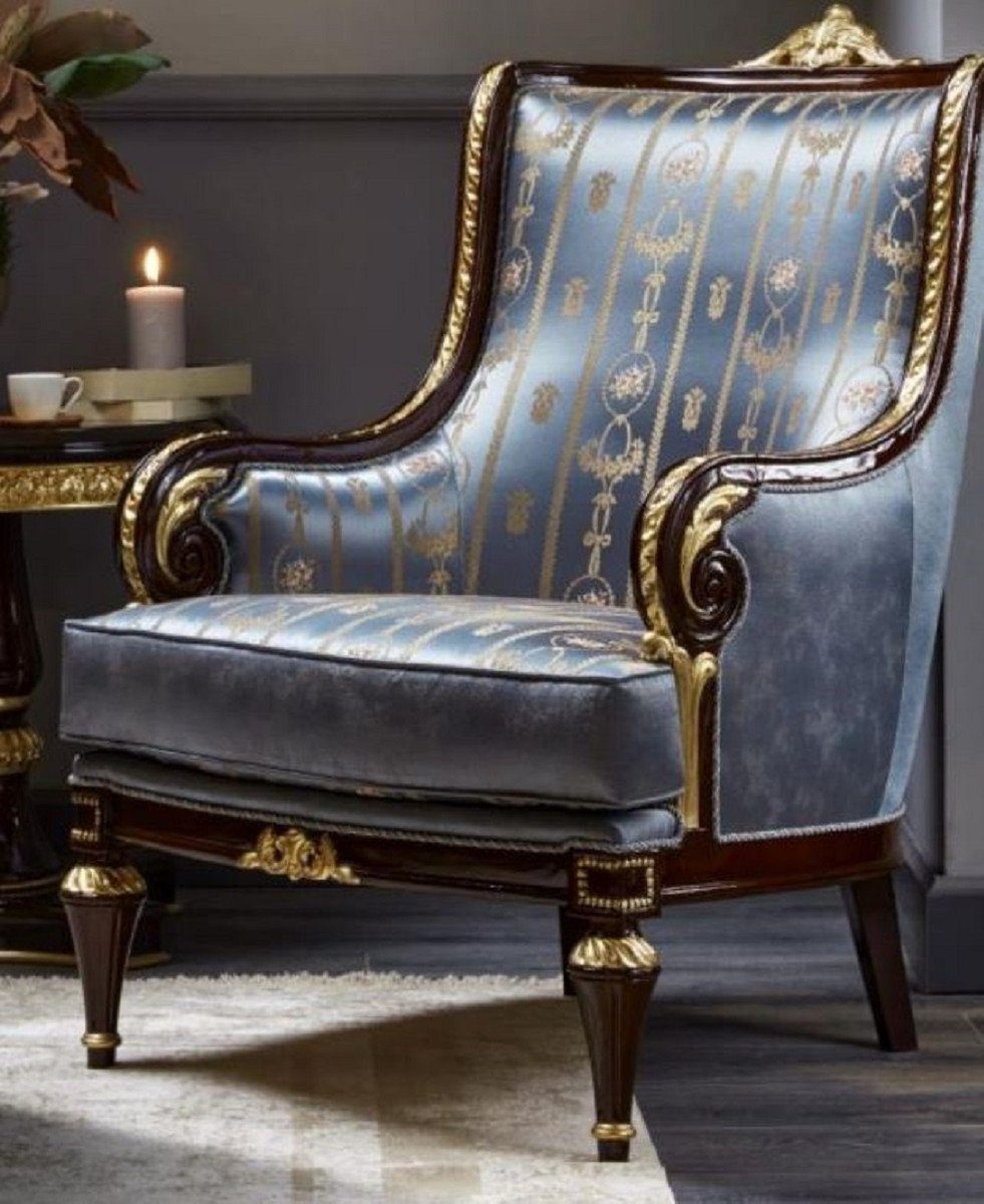 Casa Padrino Sessel Casa Padrino Luxus Barock Sessel Blau / Dunkelbraun / Gold - Prunkvoller Wohnzimmer Sessel - Barockstil Wohnzimmer Möbel - Luxus Möbel im Barockstil - Barock Einrichtung - Edel & Prunkvoll