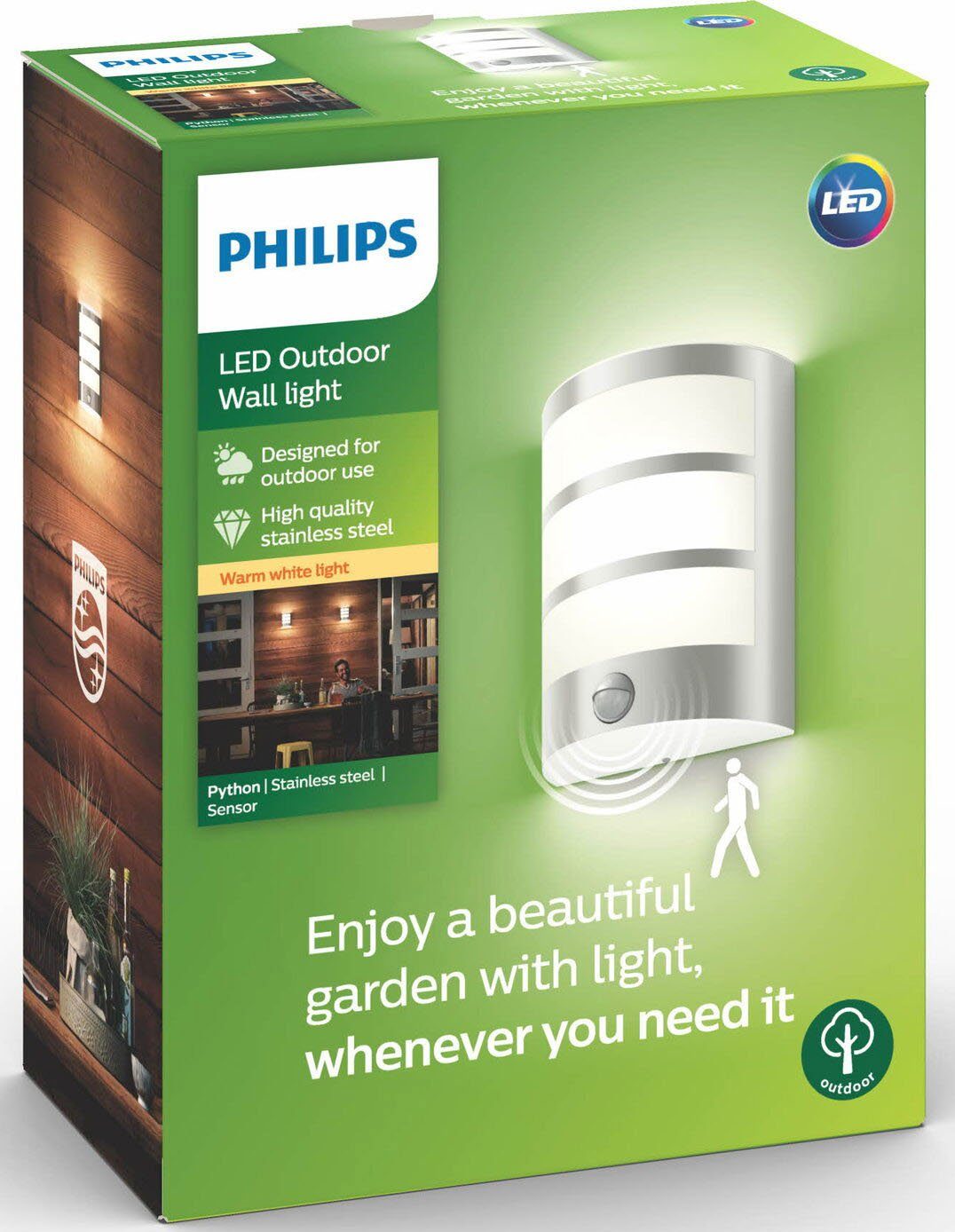 Philips Wandleuchte Python, Bewegungsmelder, LED fest integriert, Warmweiß,  myGarden IR LED Wandleu 600lm Bewegmel Edelst