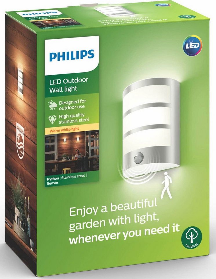 Philips Python, Edelst LED IR Warmweiß, integriert, fest Bewegungsmelder, LED Bewegmel myGarden Wandleuchte Wandleu 600lm